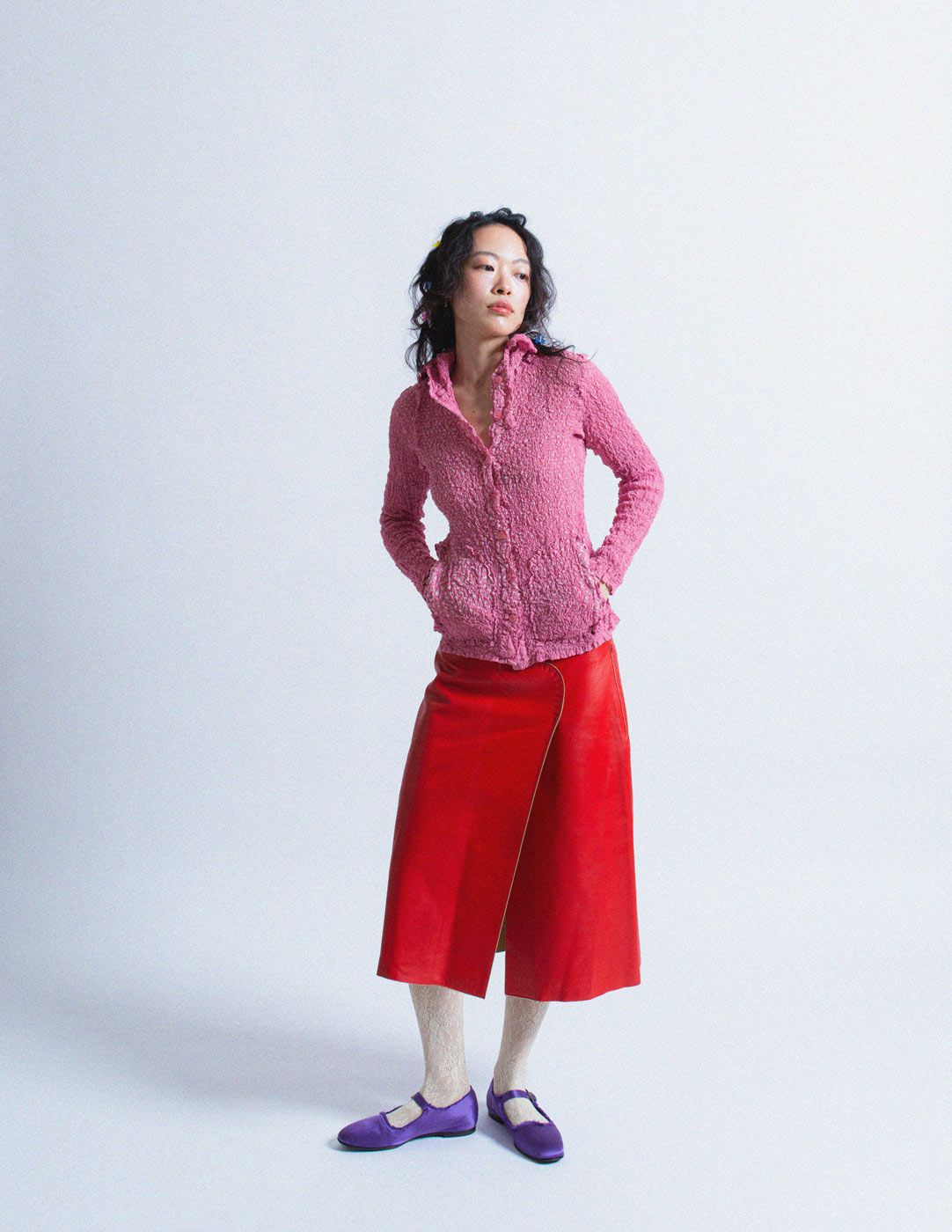 Issey Miyake pink and dotted crinkled button down