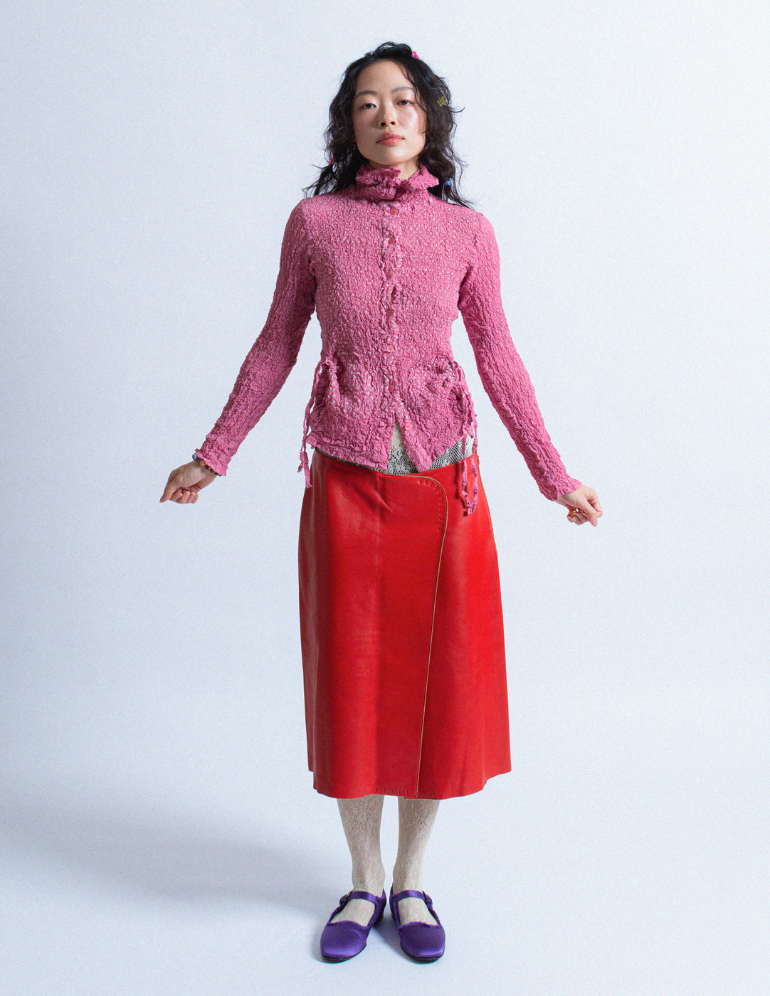 Issey Miyake pink and dotted crinkled button down