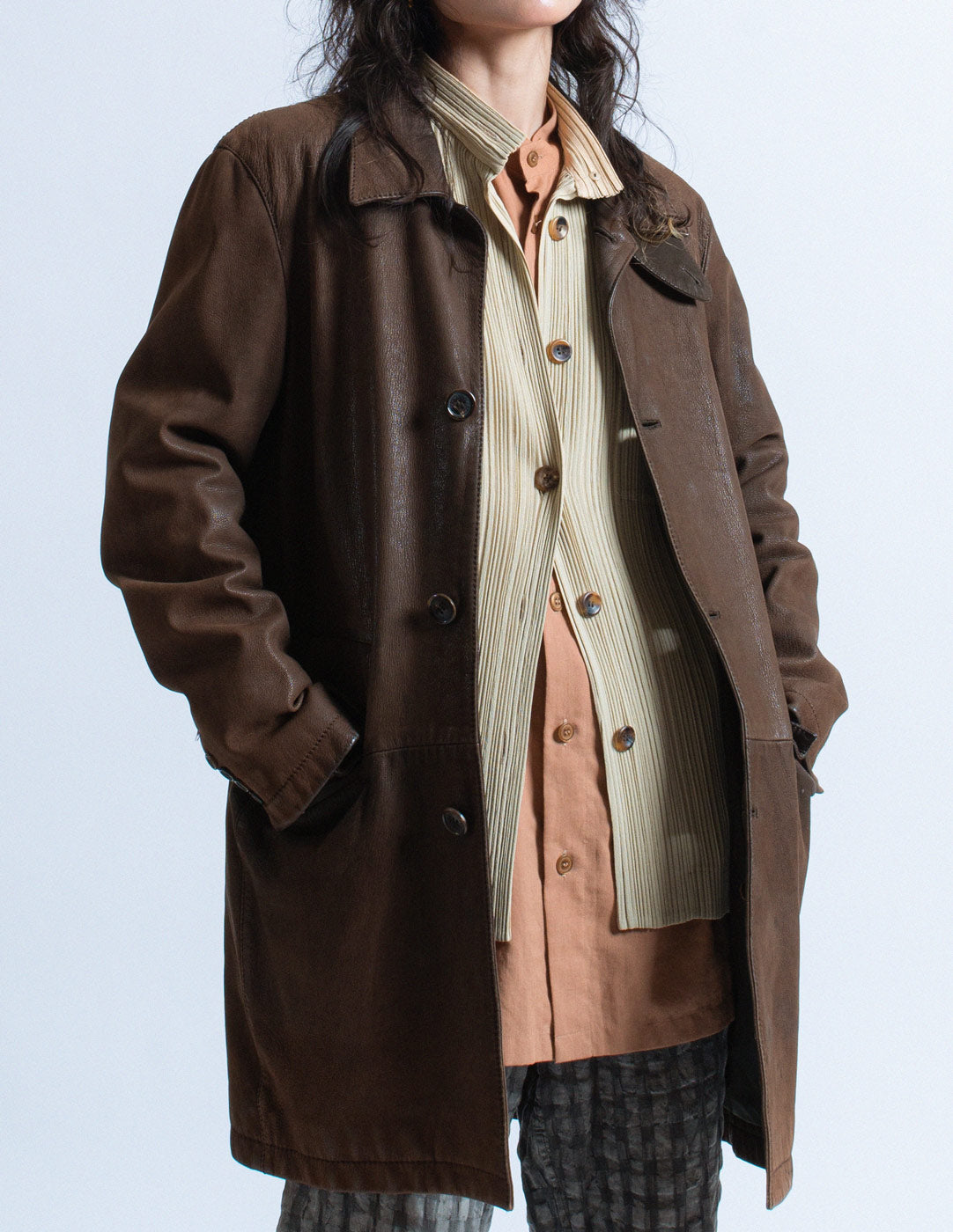 Prada vintage chocolate leather coat front detail