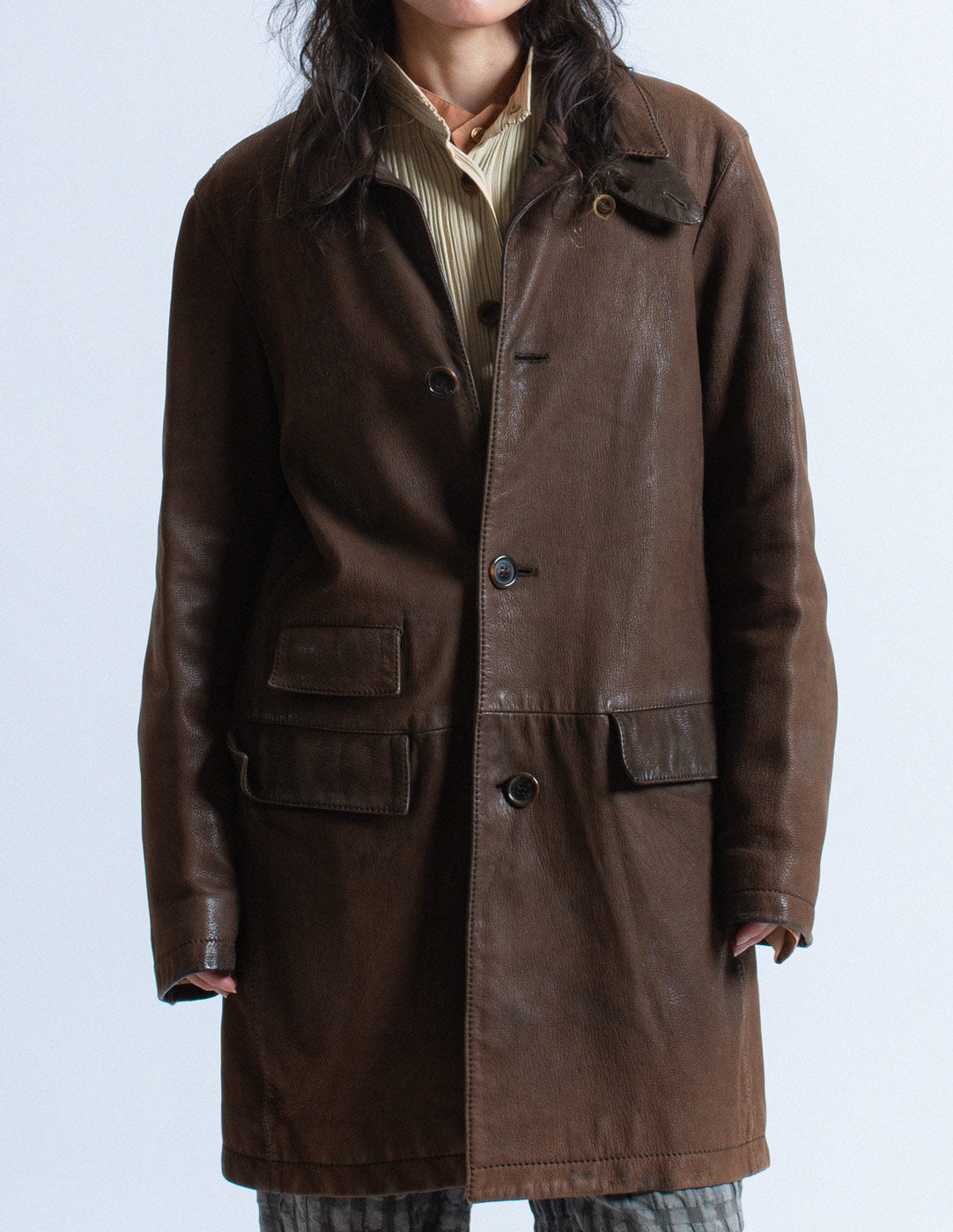 Prada vintage chocolate leather coat detail