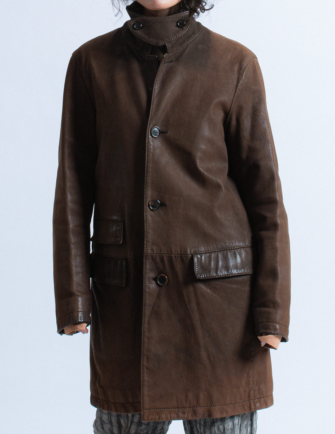 Prada vintage chocolate leather coat detail