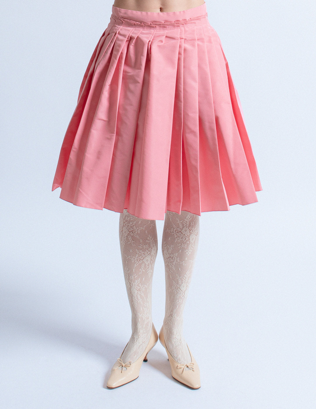 Prada peach silk pleated skirt front detail