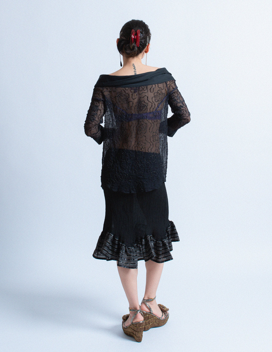 Issey Miyake me black pleated skirt with striped ruffle trim back view