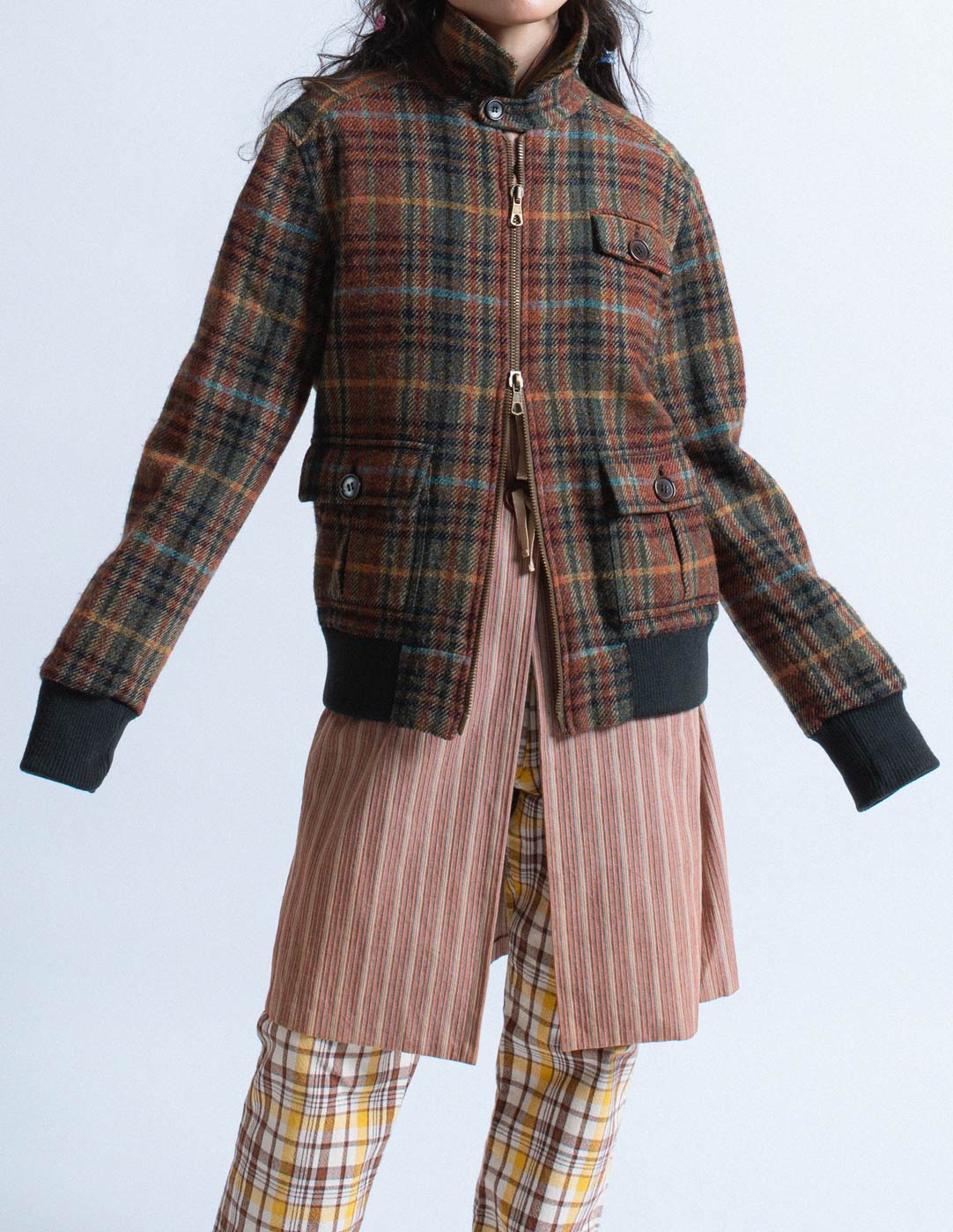 Romeo Gigli plaid wool zip up jacket front detail