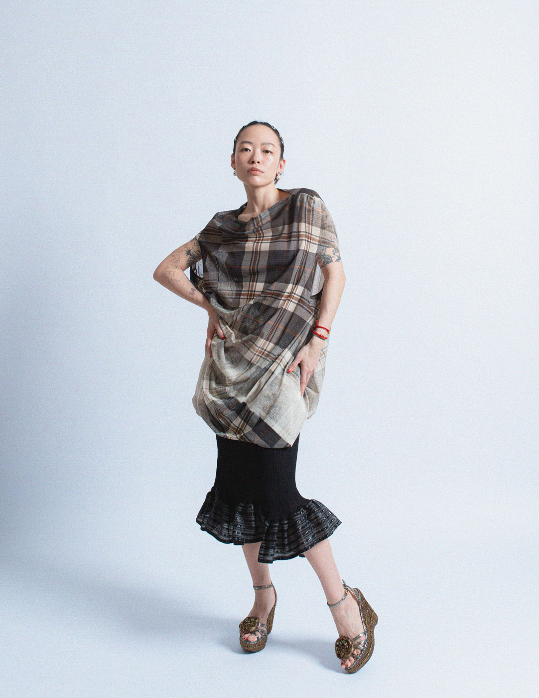Issey Miyake me black pleated skirt with striped ruffle trim