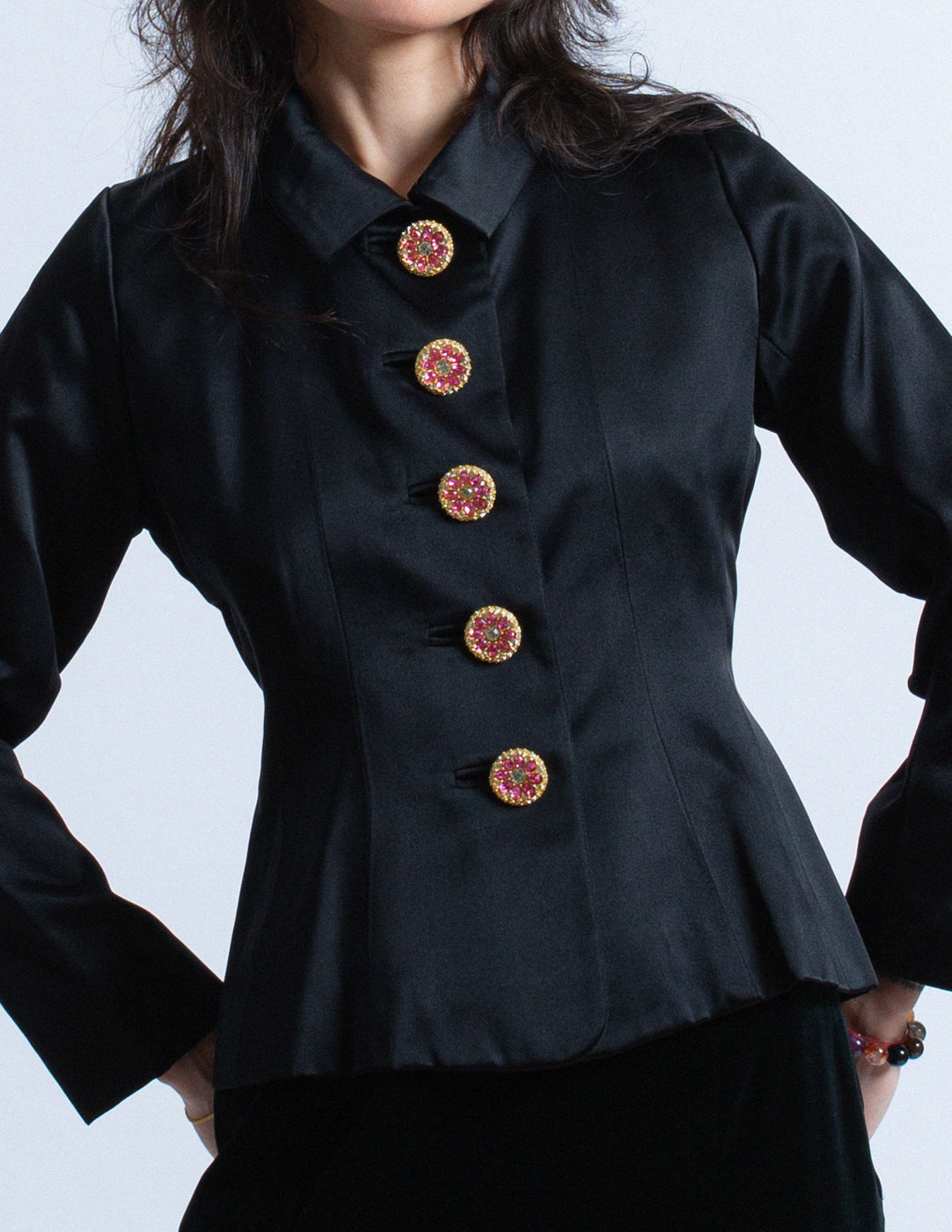 Yves Saint Laurent vintage jewel-buttoned satin blazer detail