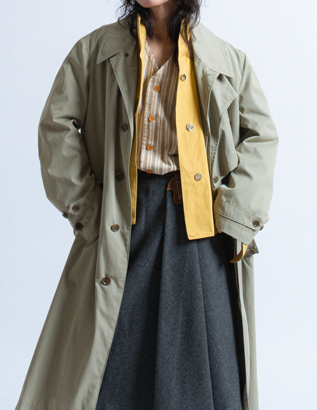 Y's khaki trench coat layer detail