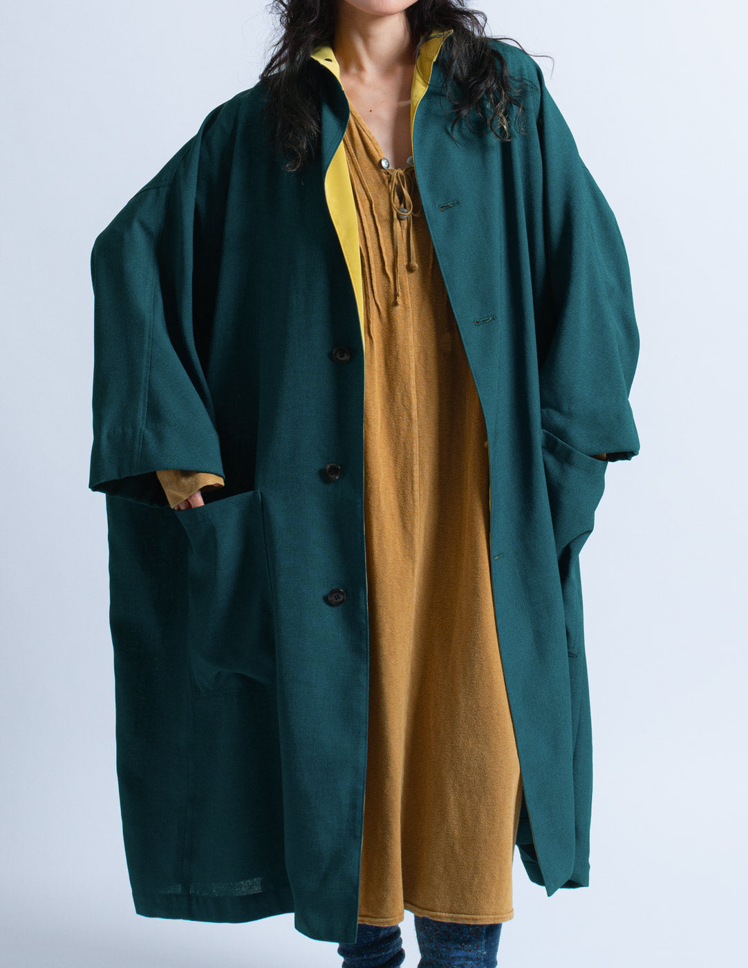 Y's teal outer coat with mustard trim front detail