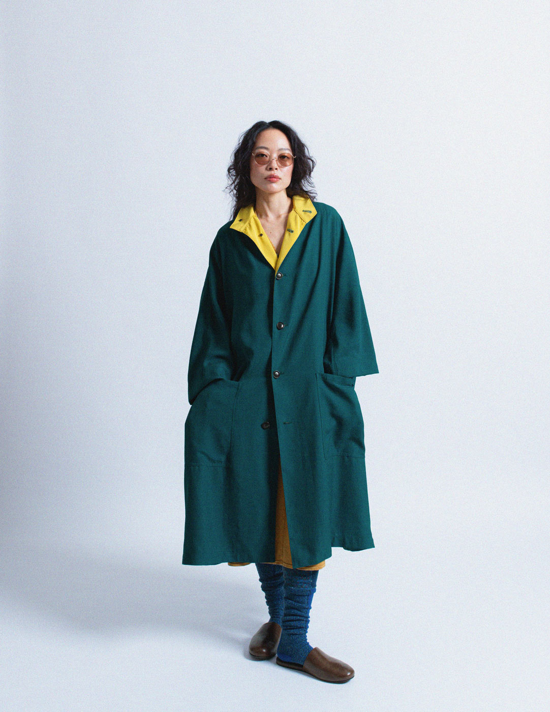 Y's teal outer coat with mustard trim