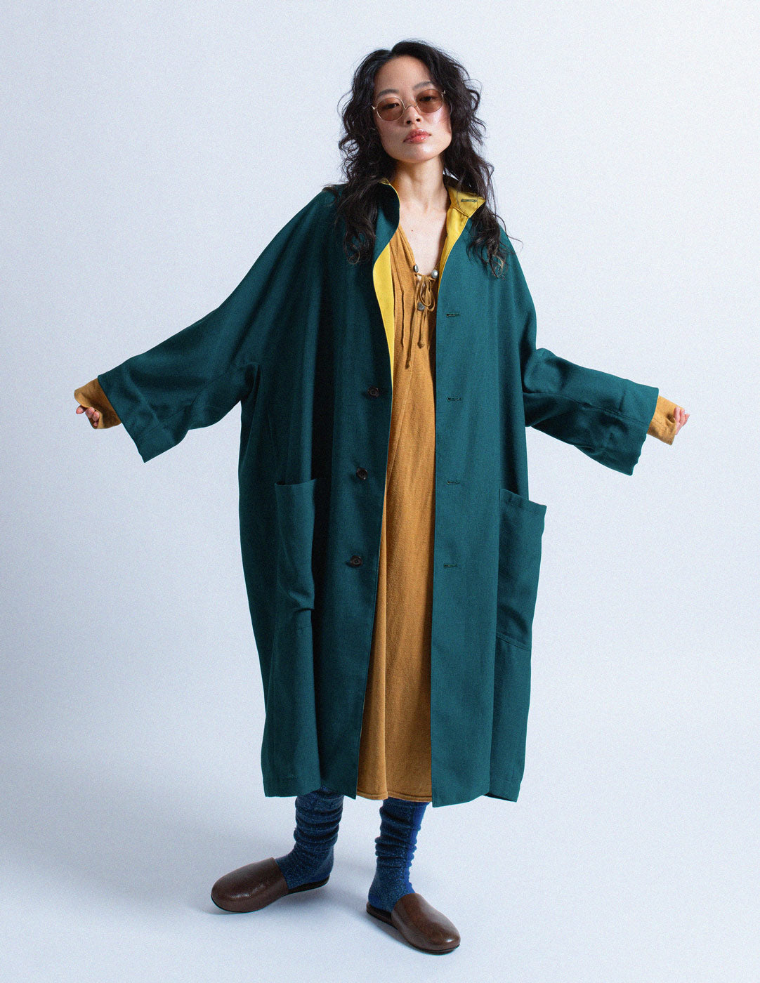 Y's teal outer coat with mustard trim