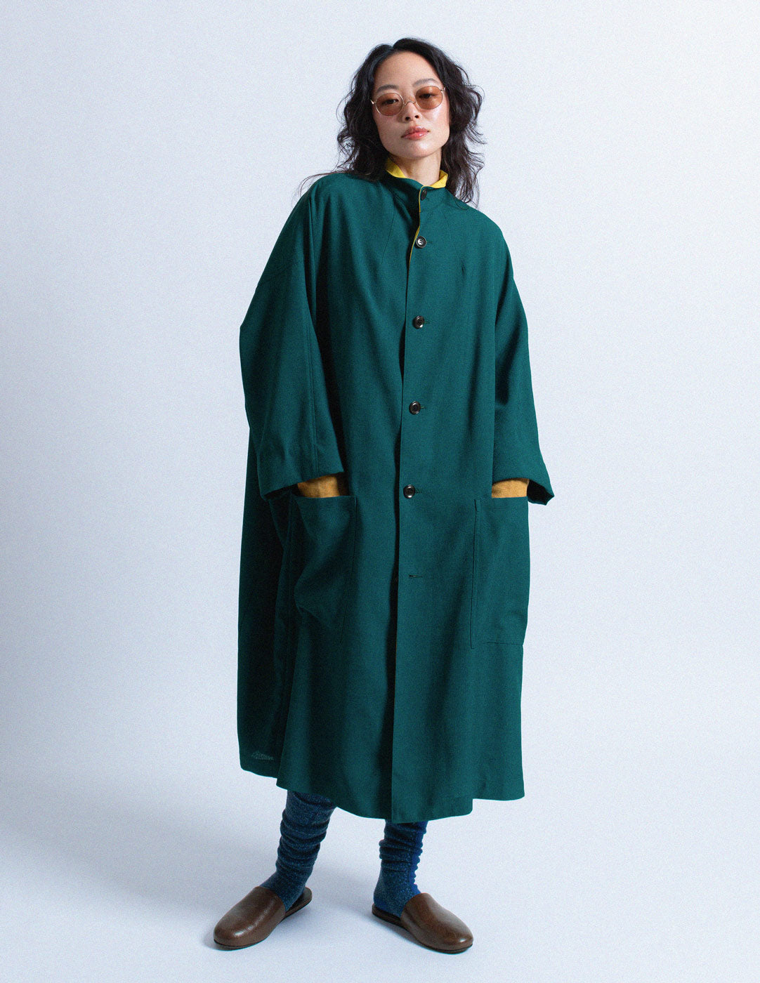 Y's teal outer coat with mustard trim