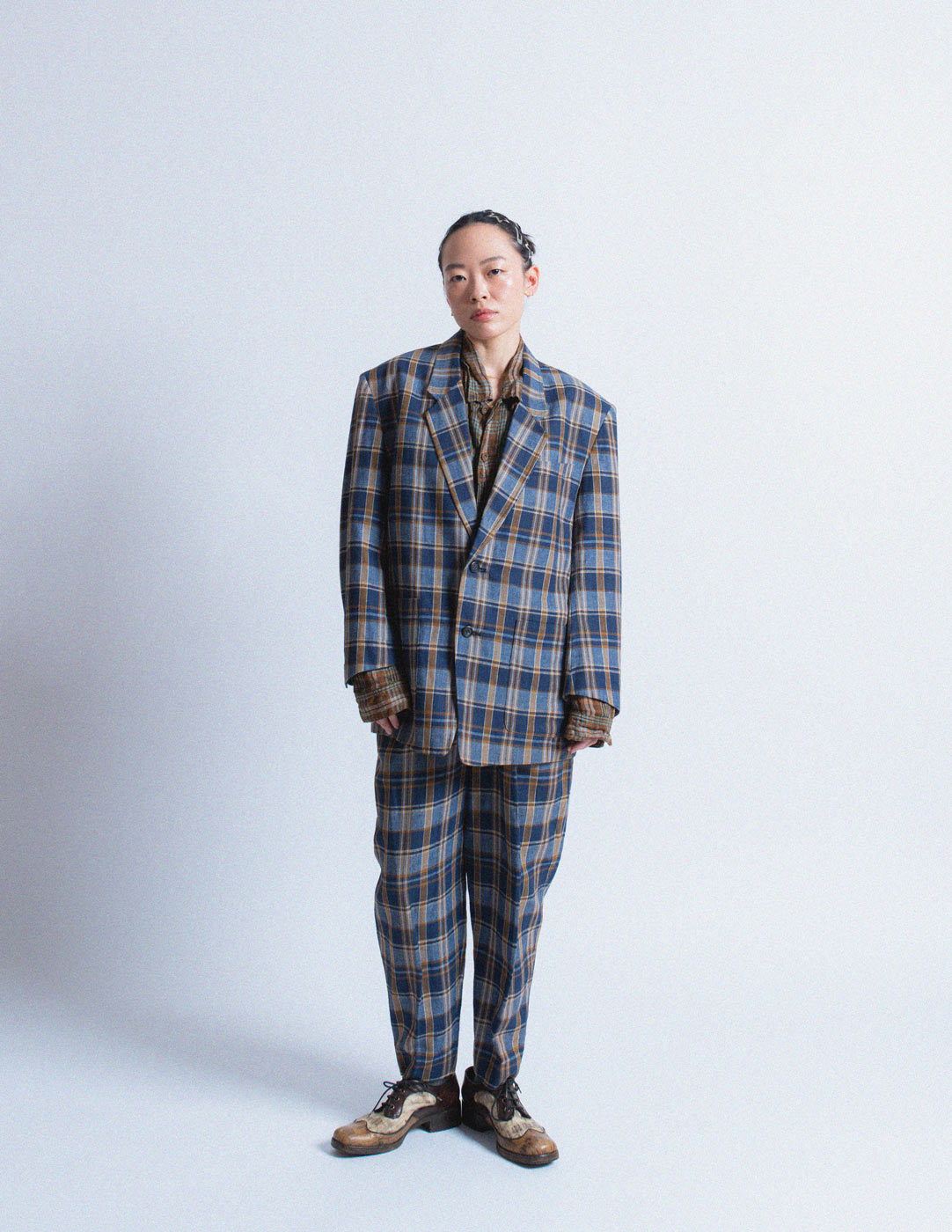Issey Miyake vintage navy plaid linen suit set