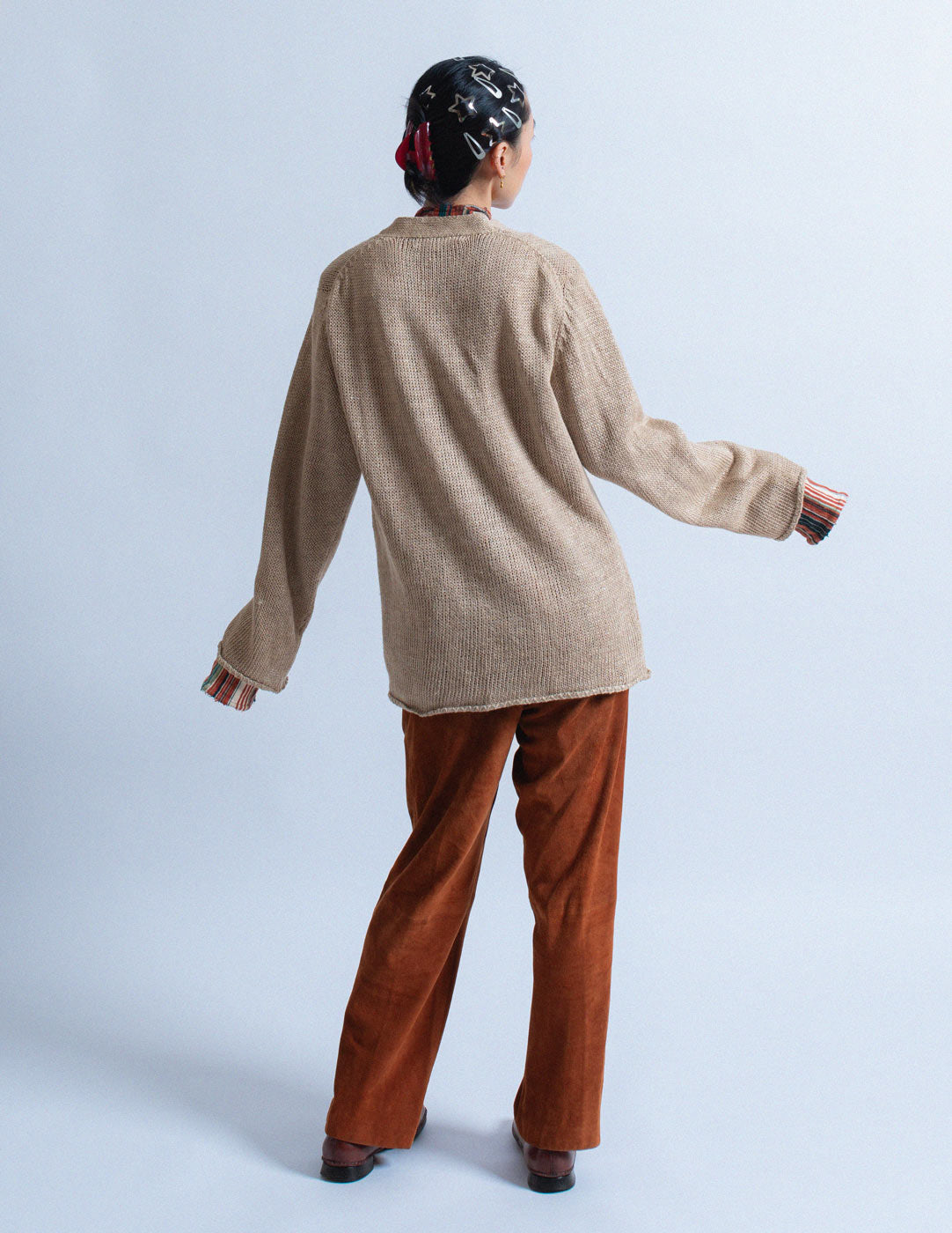 Comme des Garçon khaki and silver linen cardigan back view