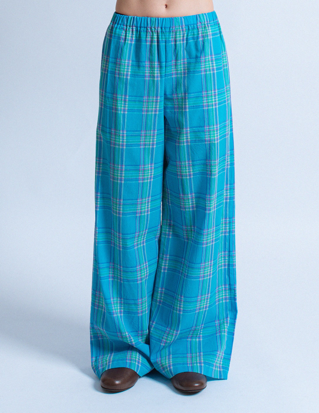 Comme des Garçons vintage blue plaid lounge pants front view