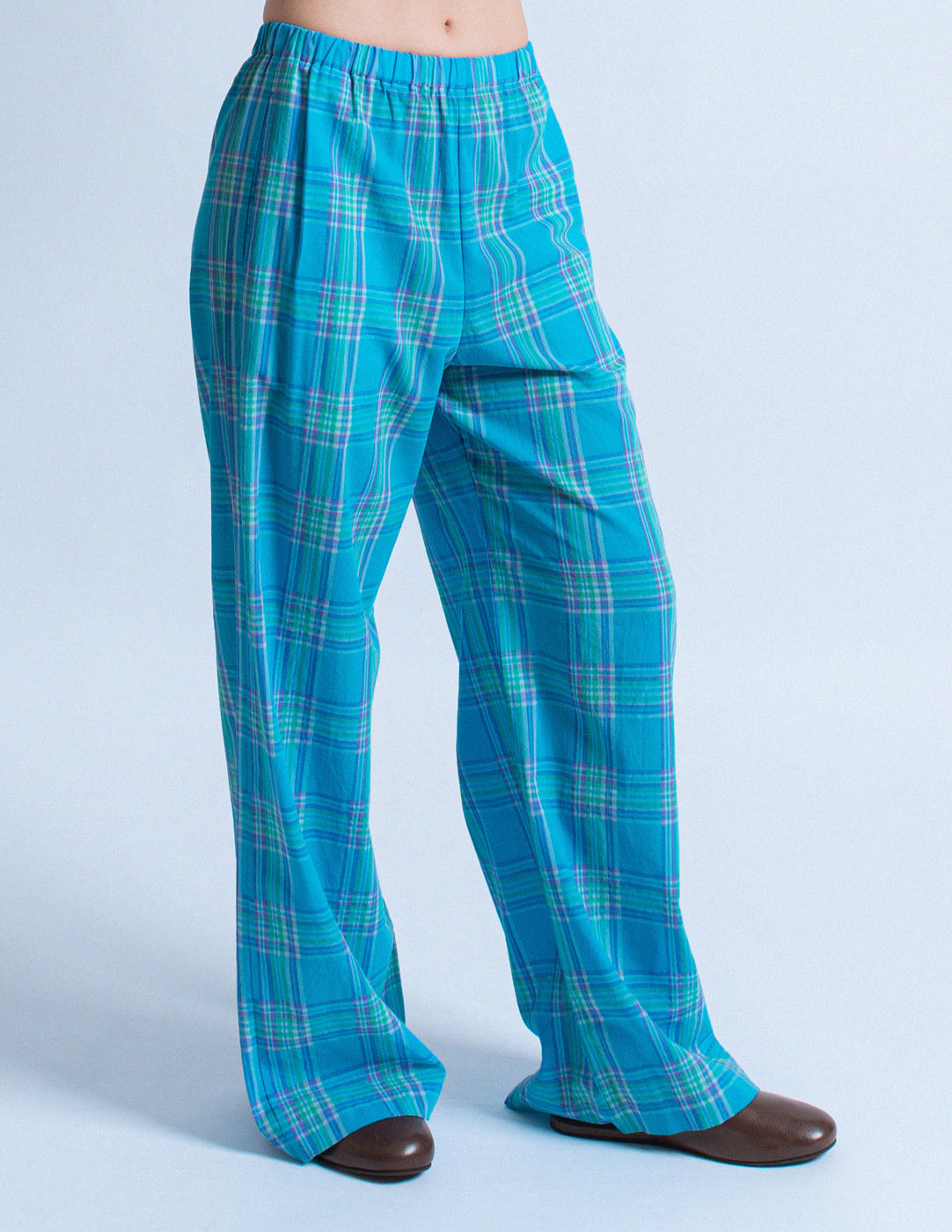 Comme des Garçons vintage blue plaid lounge pants side view