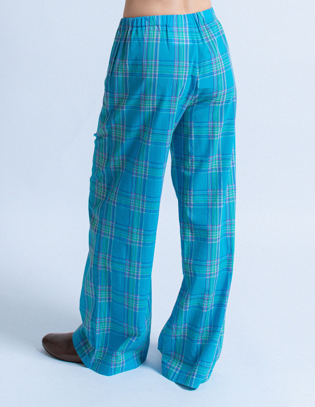 Comme des Garçons vintage blue plaid lounge pants back view