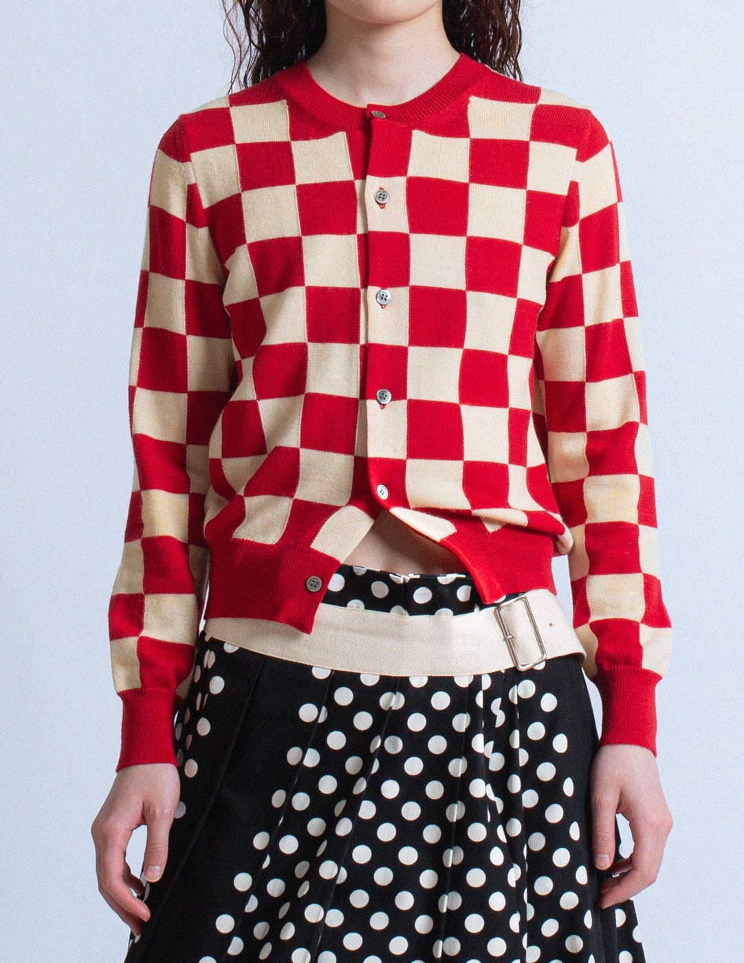 Comme des Garçons vintage red and cream checkered cardigan detail