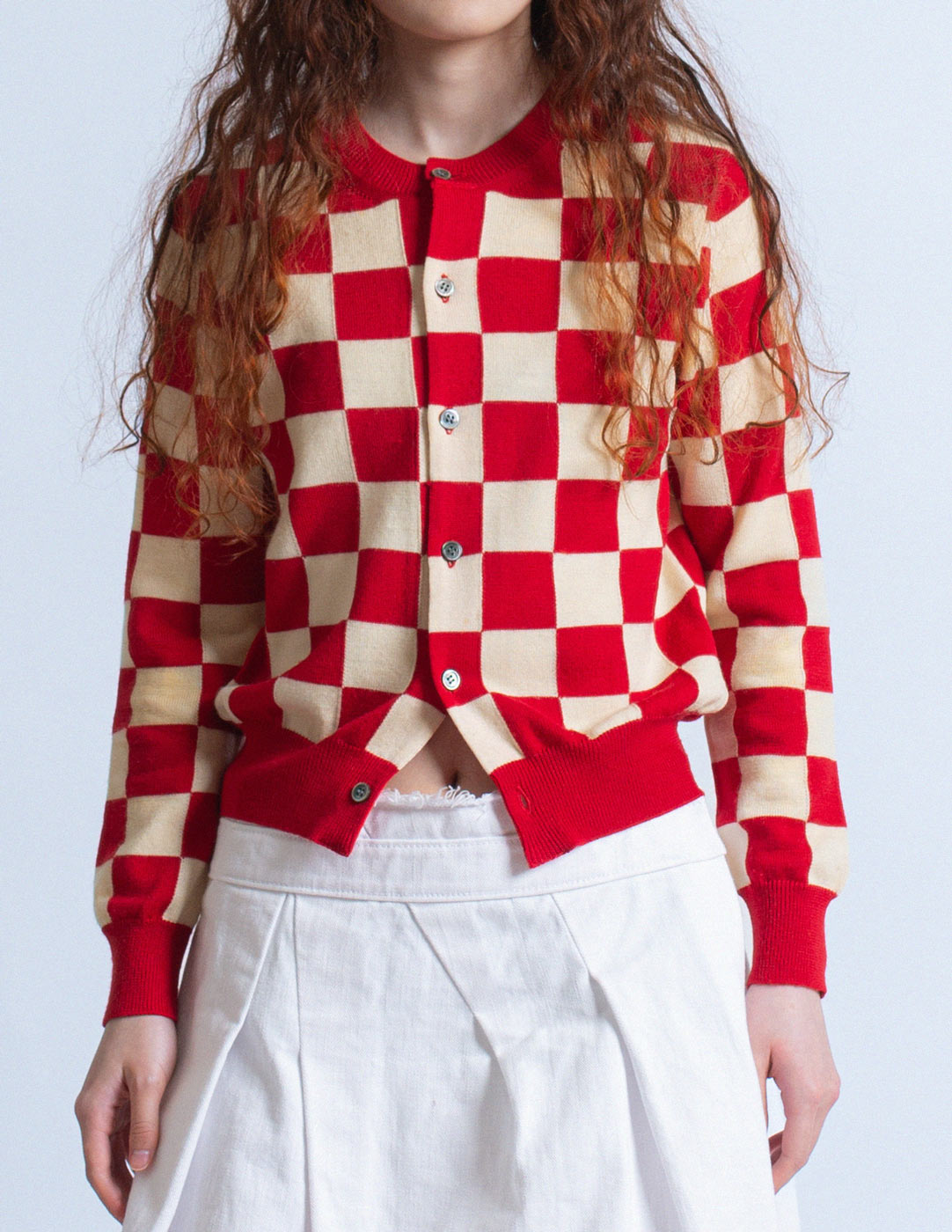 Comme des Garçons vintage red and cream checkered cardigan detail