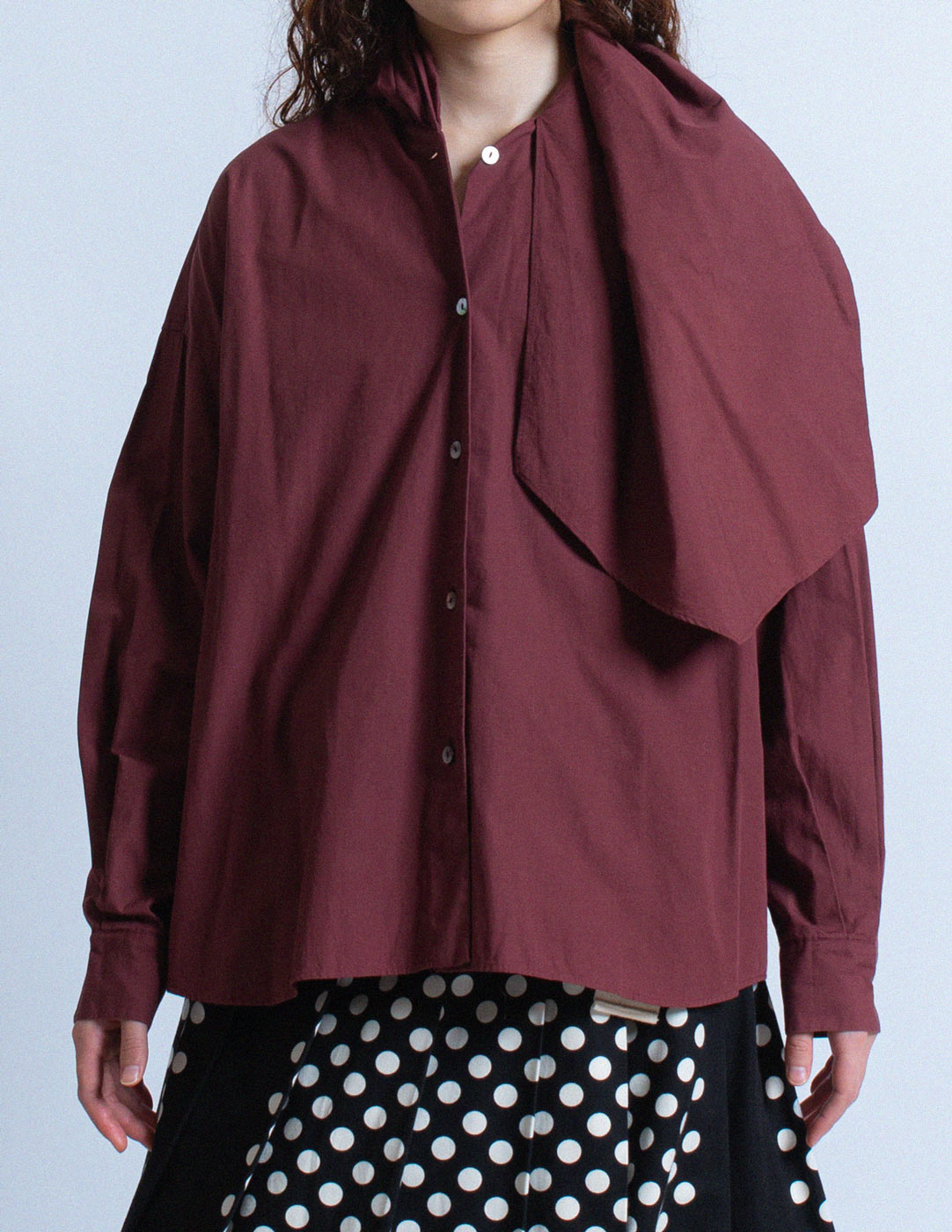 Romeo Gigli vintage burgundy cotton shirt with neck scarf detail