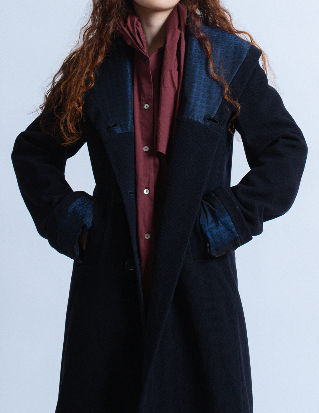 Romeo Gigli vintage navy wool coat with jacquard shawl collar detail