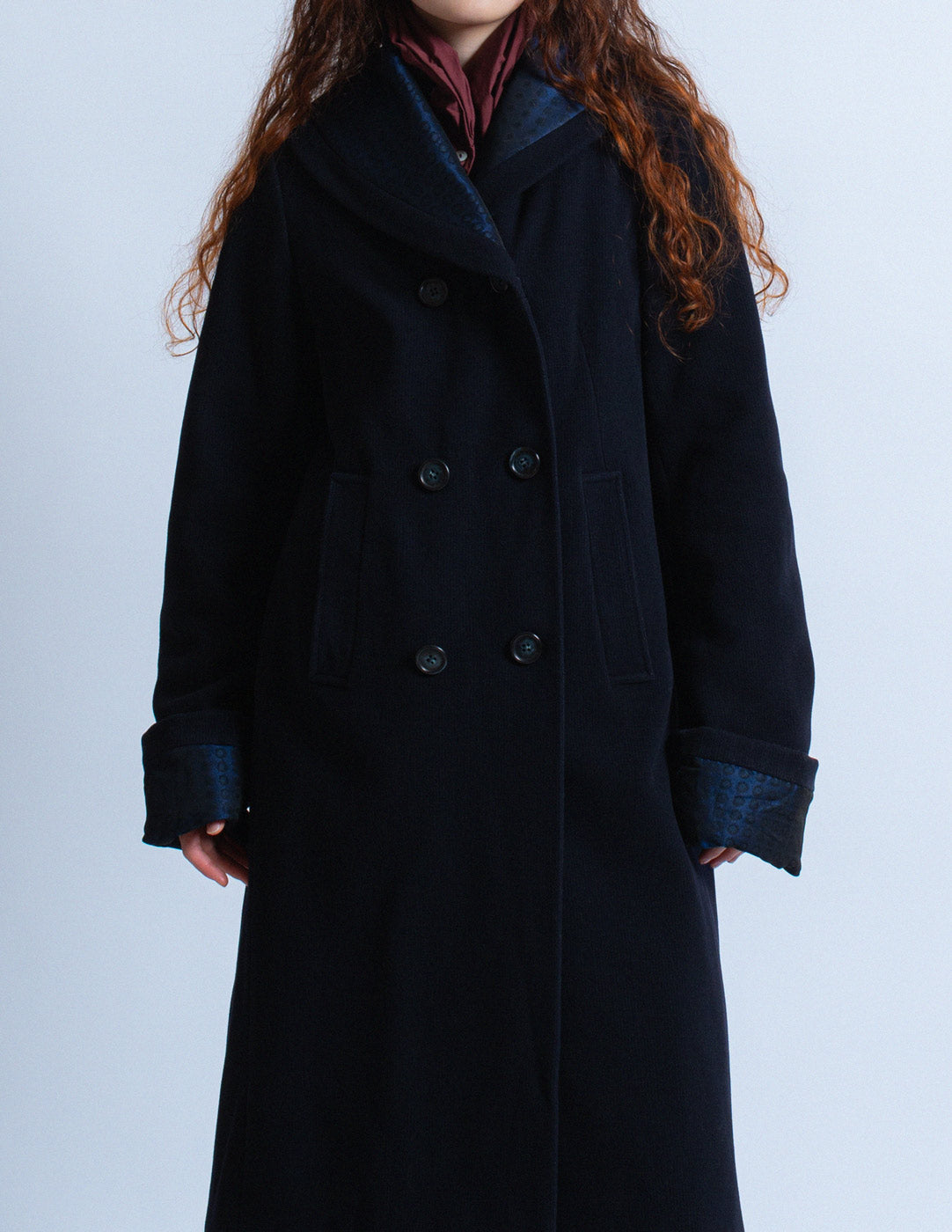 Romeo Gigli vintage navy wool coat with jacquard shawl collar front detail