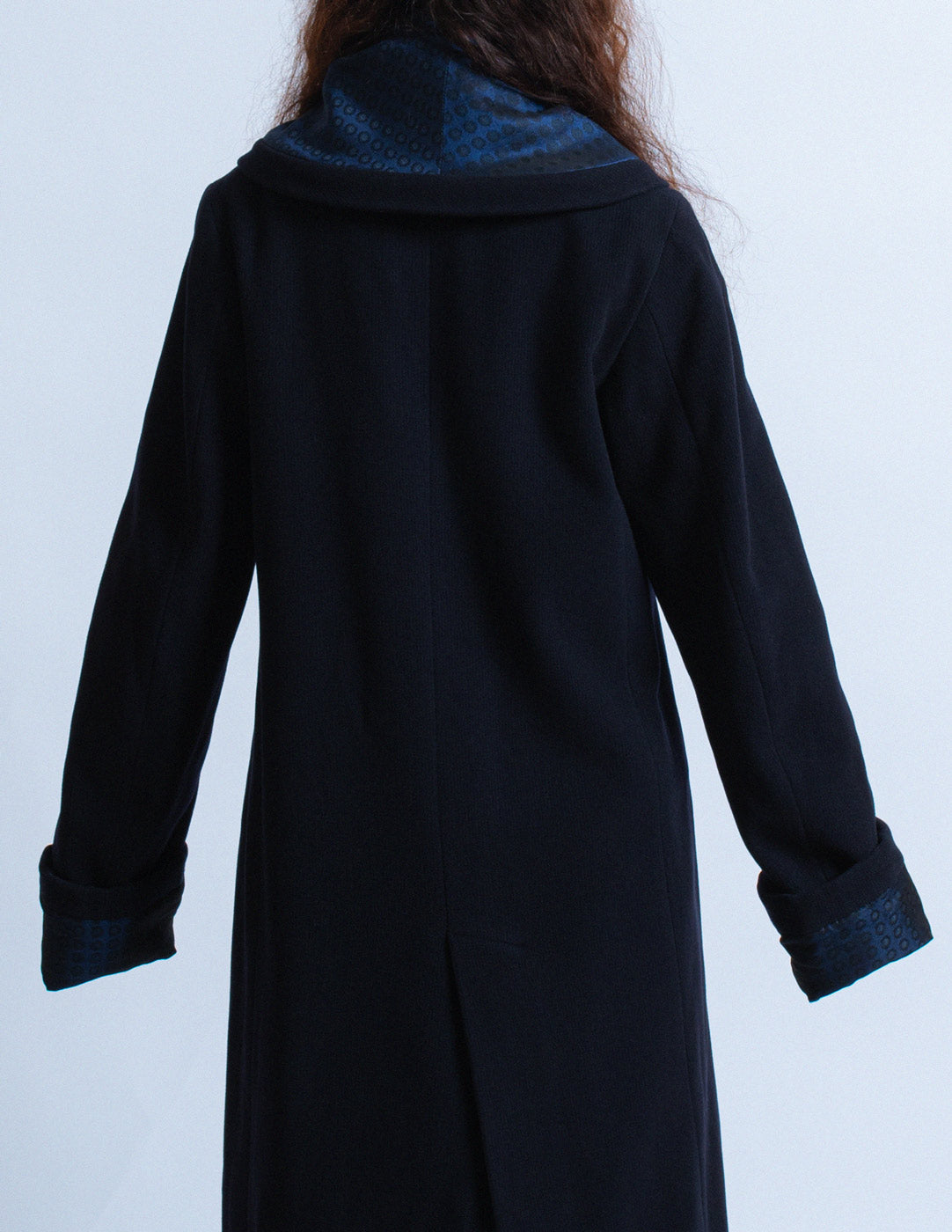 Romeo Gigli vintage navy wool coat with jacquard shawl collar back detail