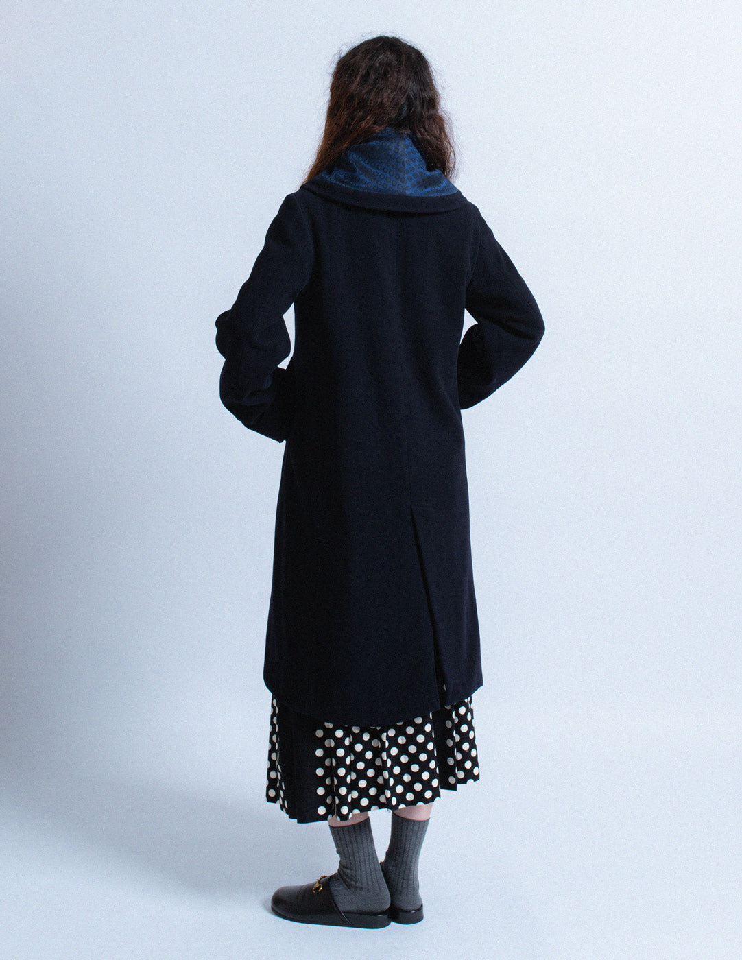 Romeo Gigli vintage navy wool coat with jacquard shawl collar back view