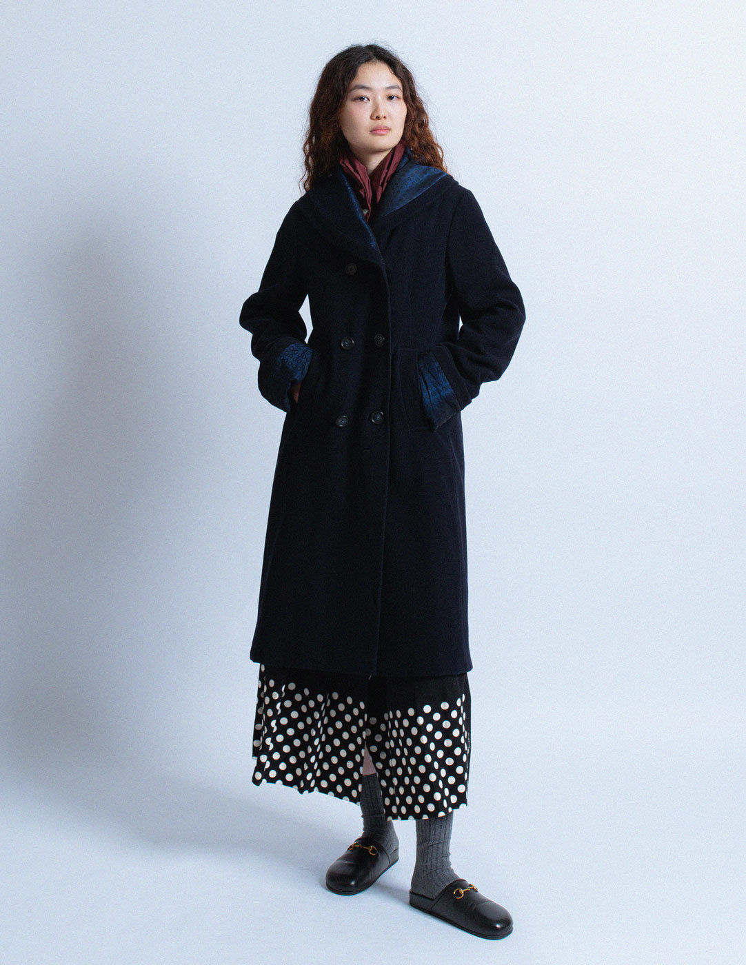 Romeo Gigli vintage navy wool coat with jacquard shawl collar