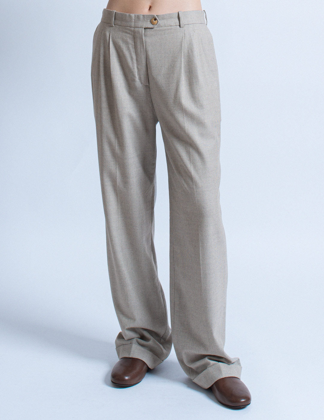 Hermès vintage light gray houndstooth wool trousers front view