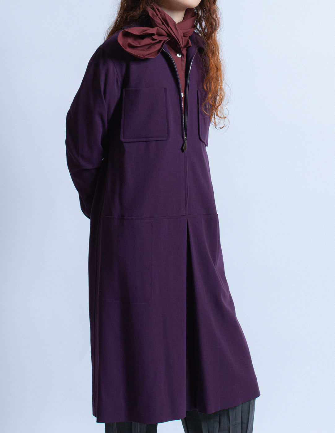 Hermès vintage plum wool shirt dress front detail