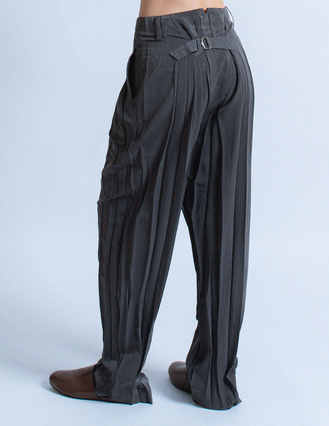 Issey Miyake charcoal gray pleated trousers back detail