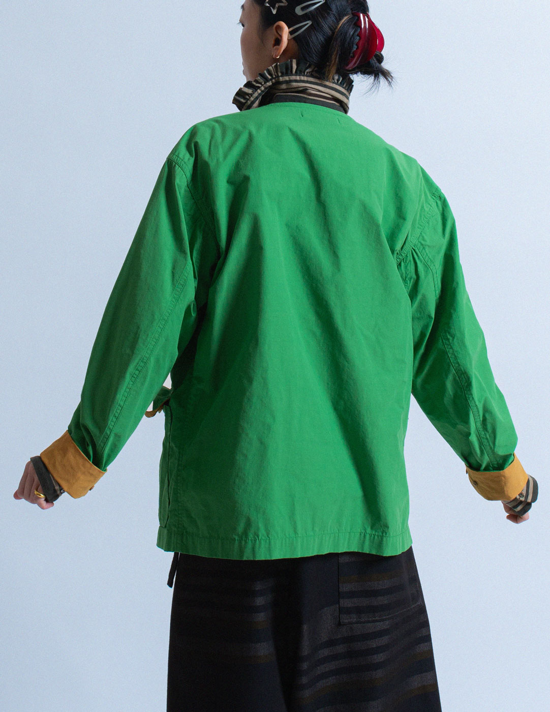 Issey Miyake Men green and mustard cotton buttoned jacket back detail