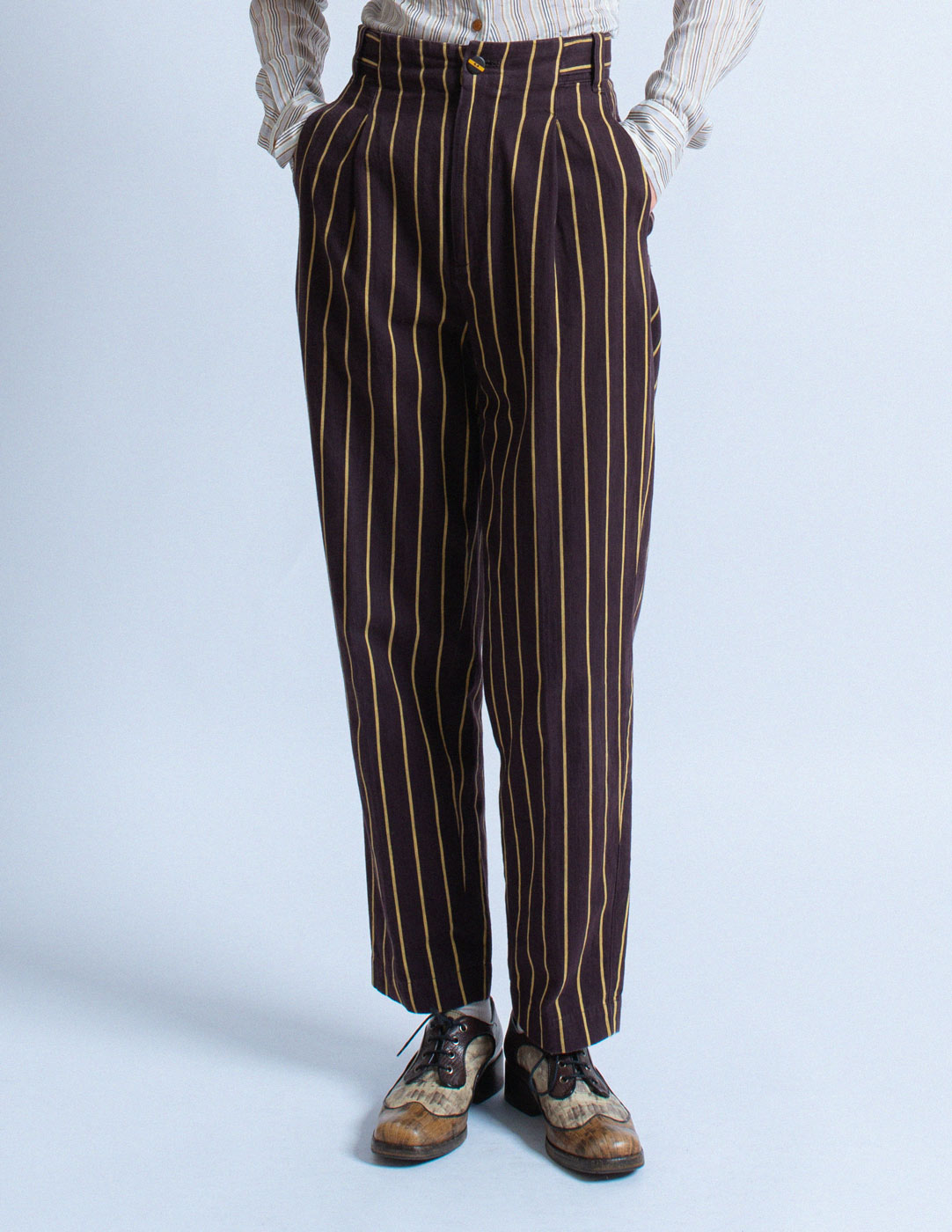 Issey Miyake vintage striped high waisted cotton trousers front detail