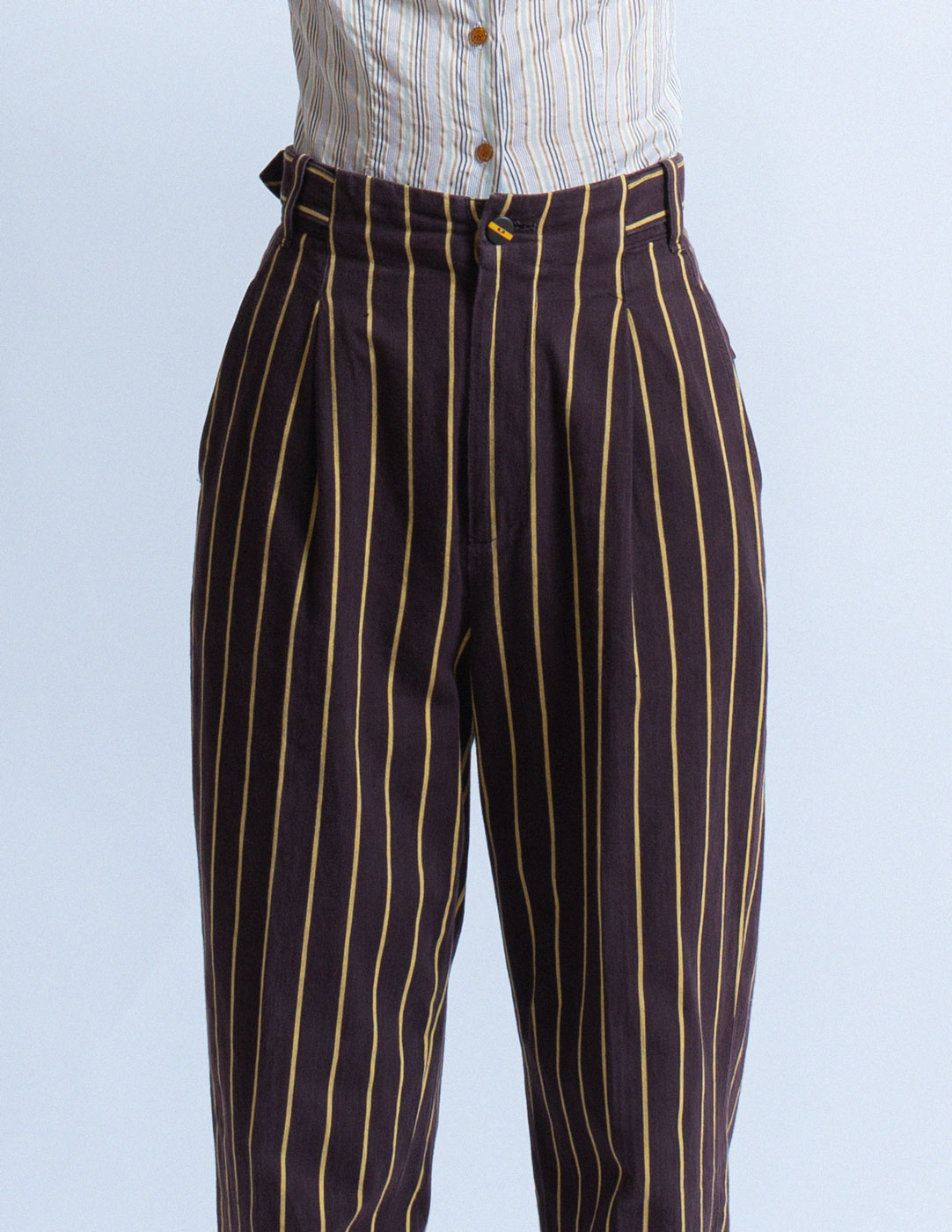 Issey Miyake vintage striped high waisted cotton trousers front detail