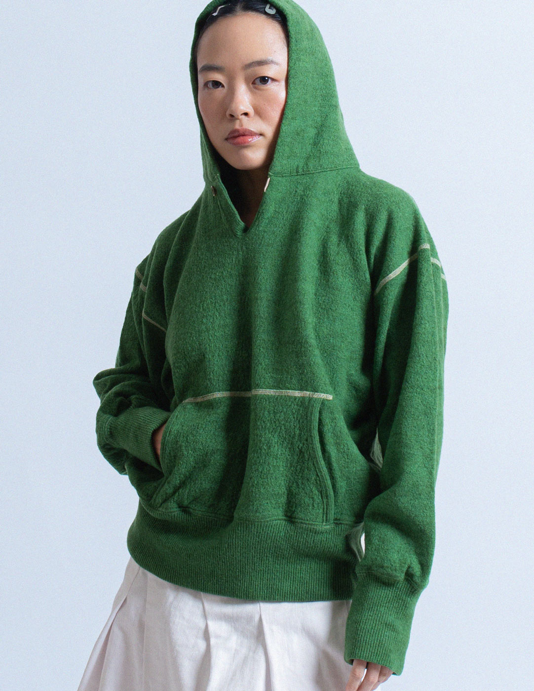 Kapital green wool hoodie front detail