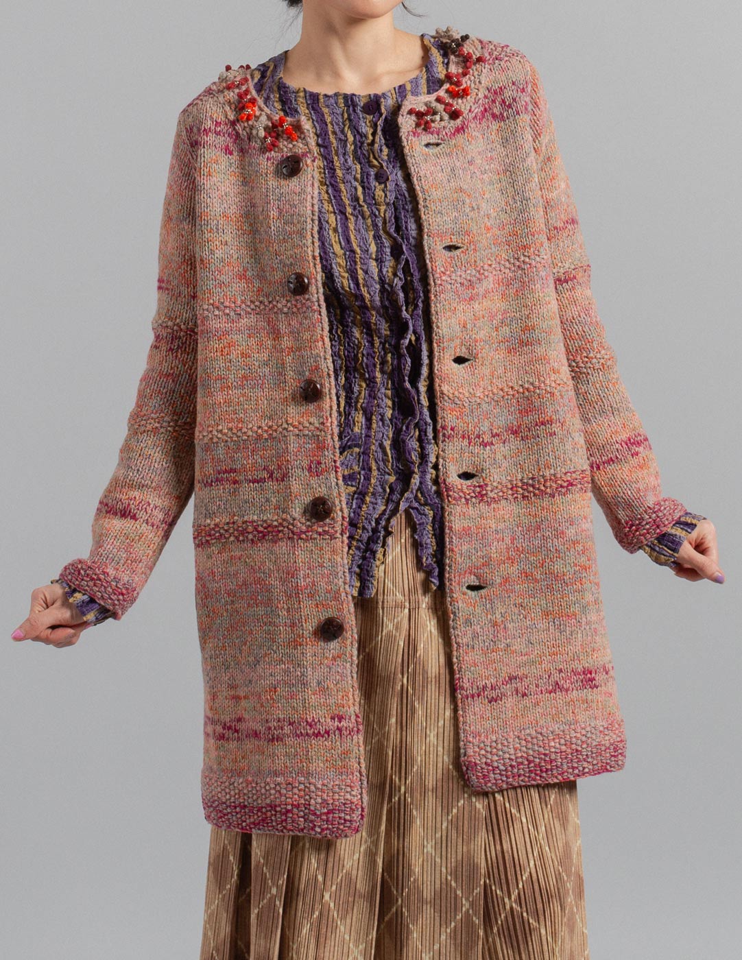 45R wool and cotton mélange sweater jacket with embellishment layer detail