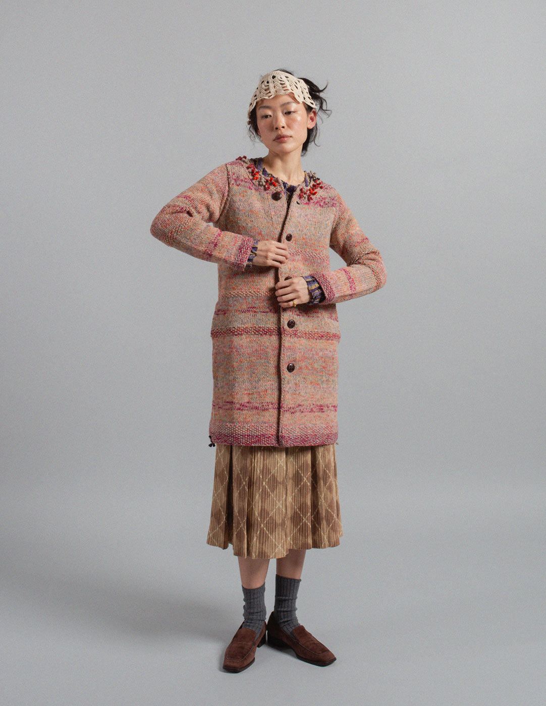 45R wool and cotton mélange sweater jacket with embellishment