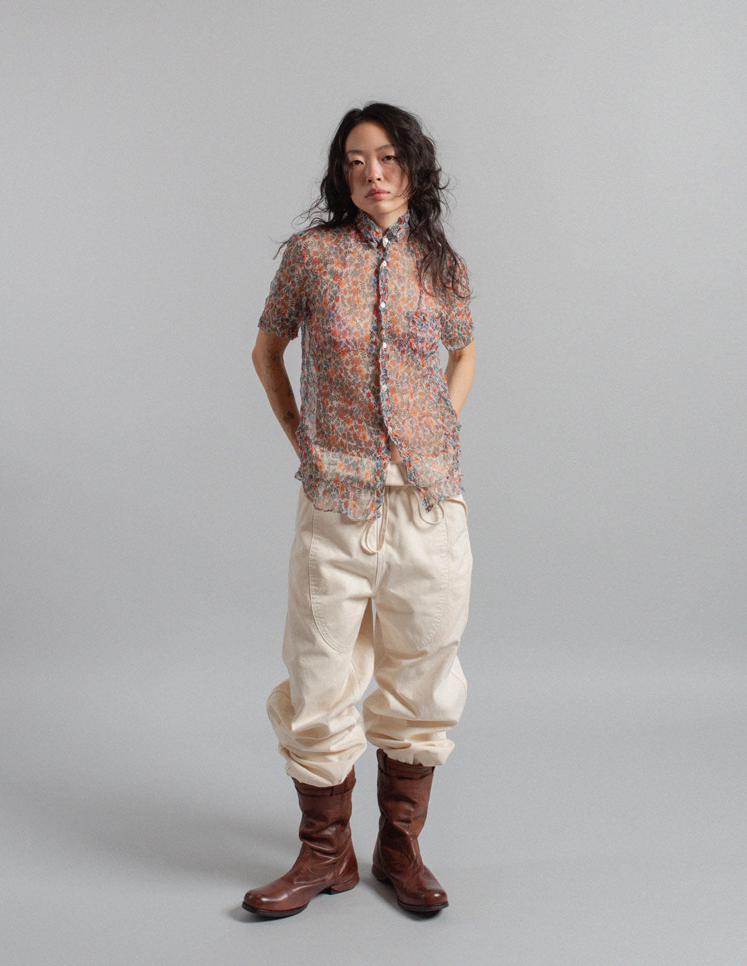 floral print mesh button down