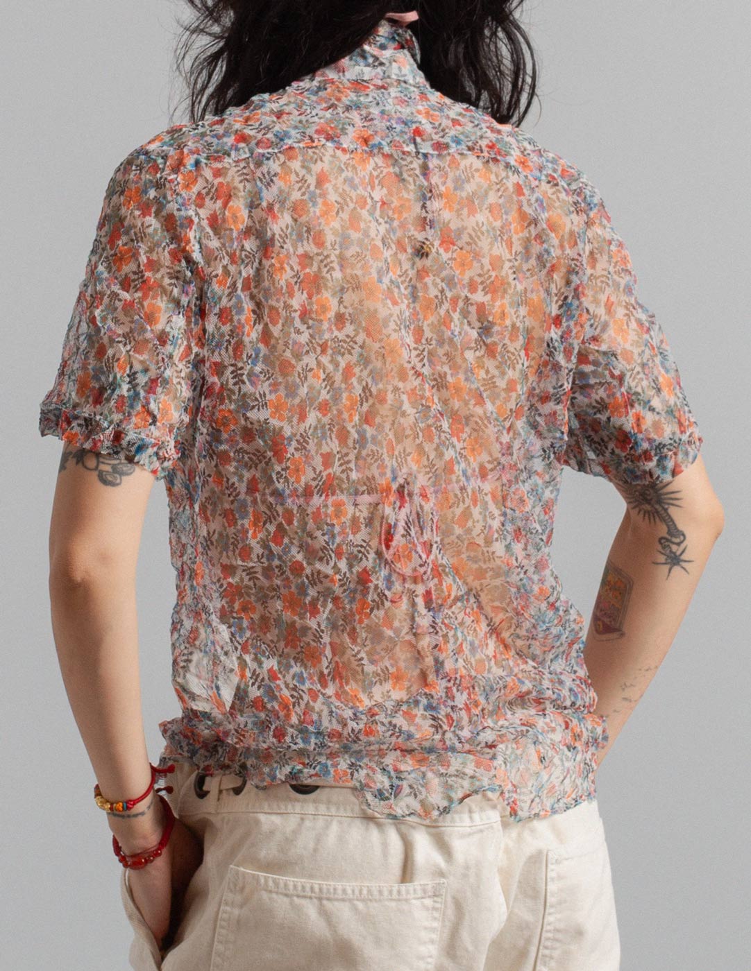 floral print mesh button down