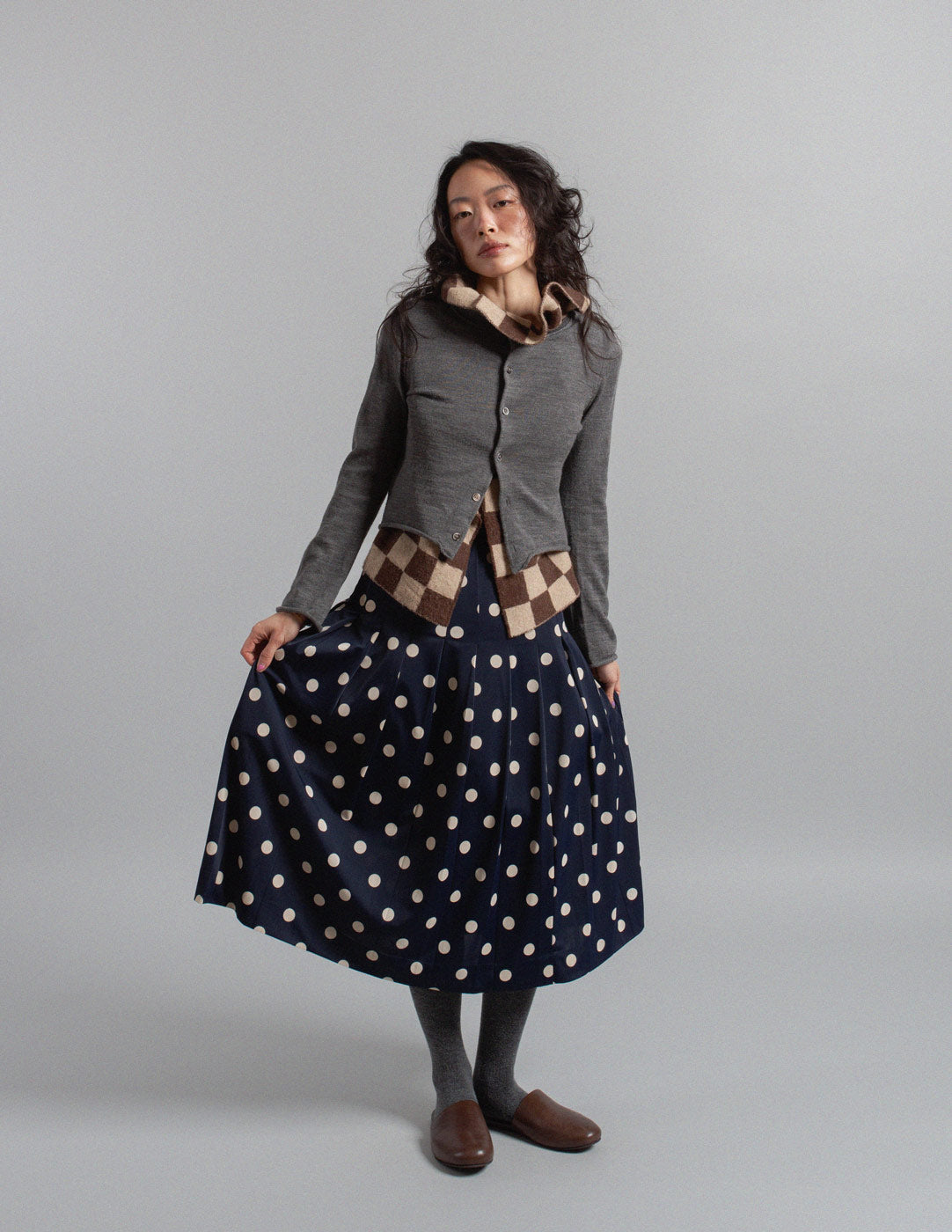 Comme des Garçons vintage navy polkadot pleated midi skirt