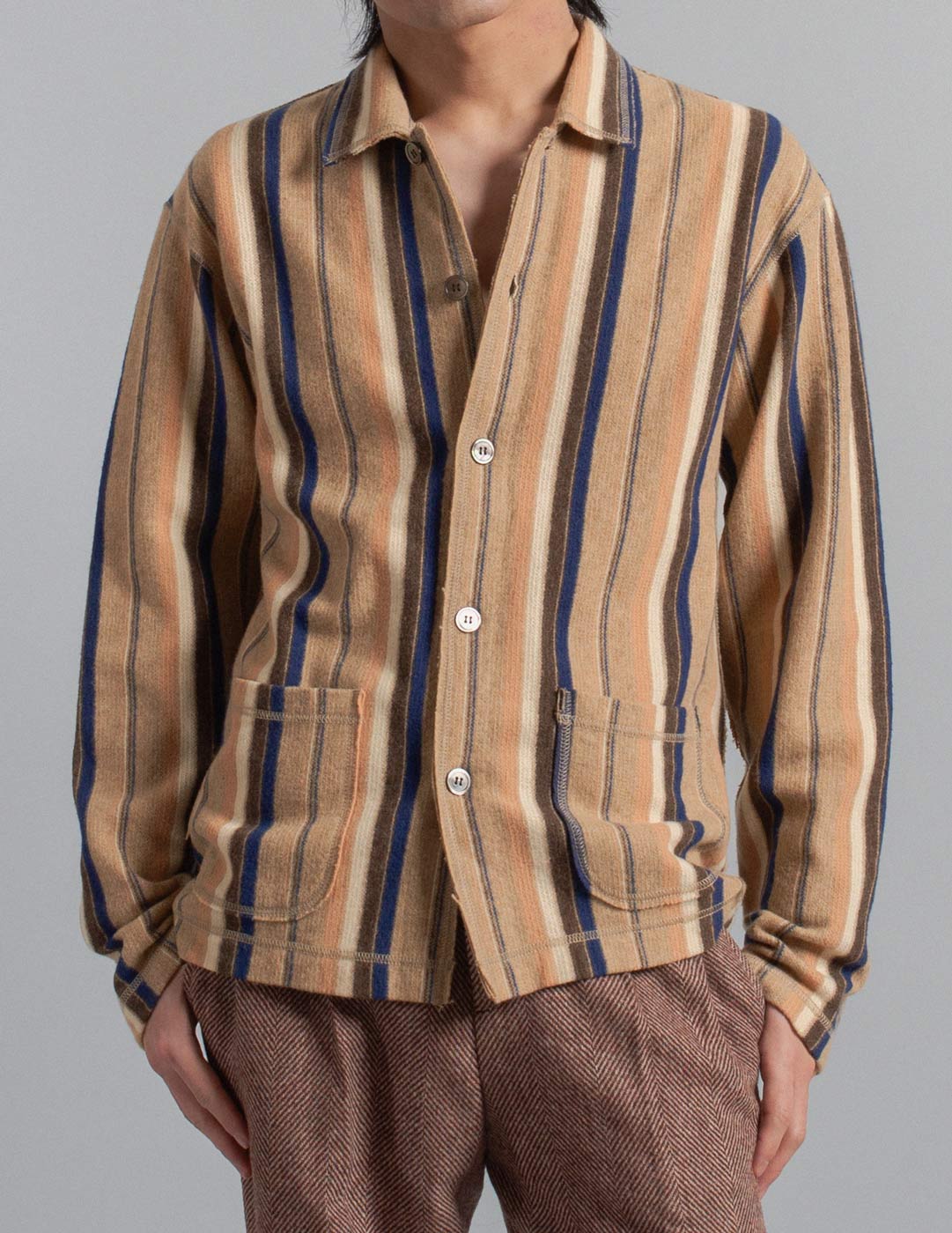 Comme des Garçons Homme vintage neutral striped wool cardigan front detail
