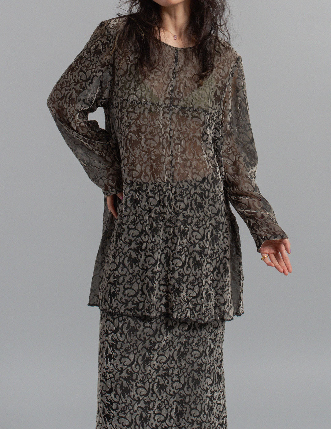 Comme des Garçons vintage devoré velvet sheer top and skirt set front detail