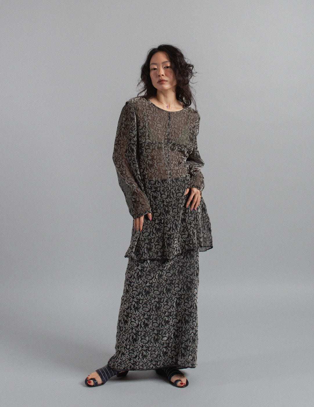 Comme des Garçons vintage devoré velvet sheer top and skirt set