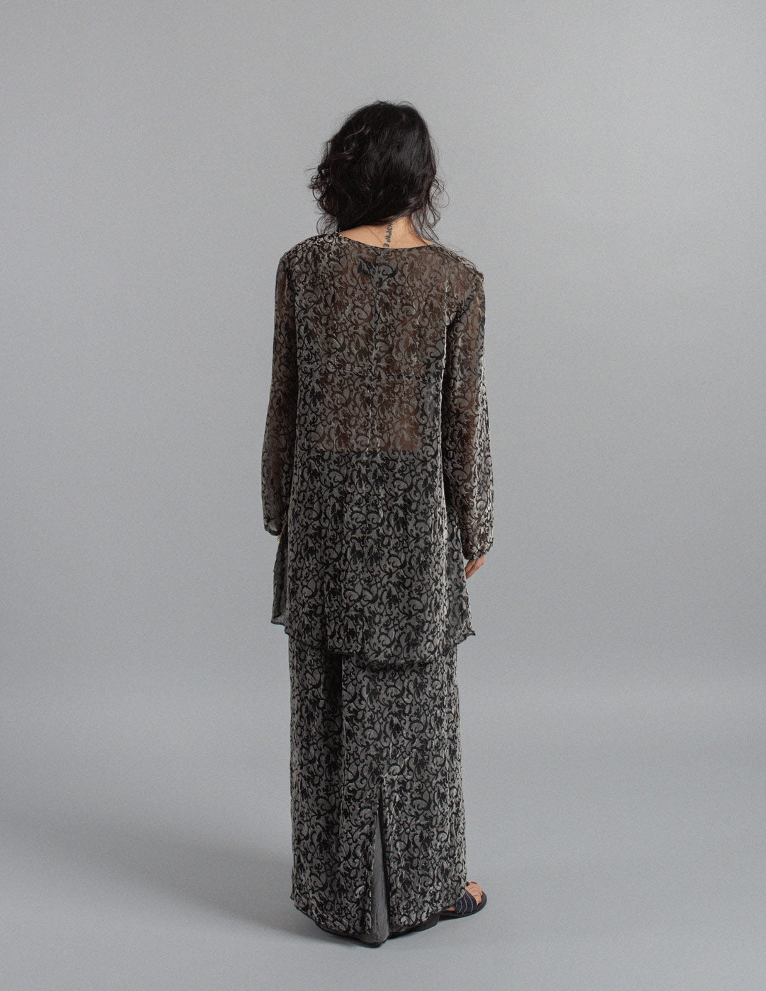 Comme des Garçons vintage devoré velvet sheer top and skirt set back view