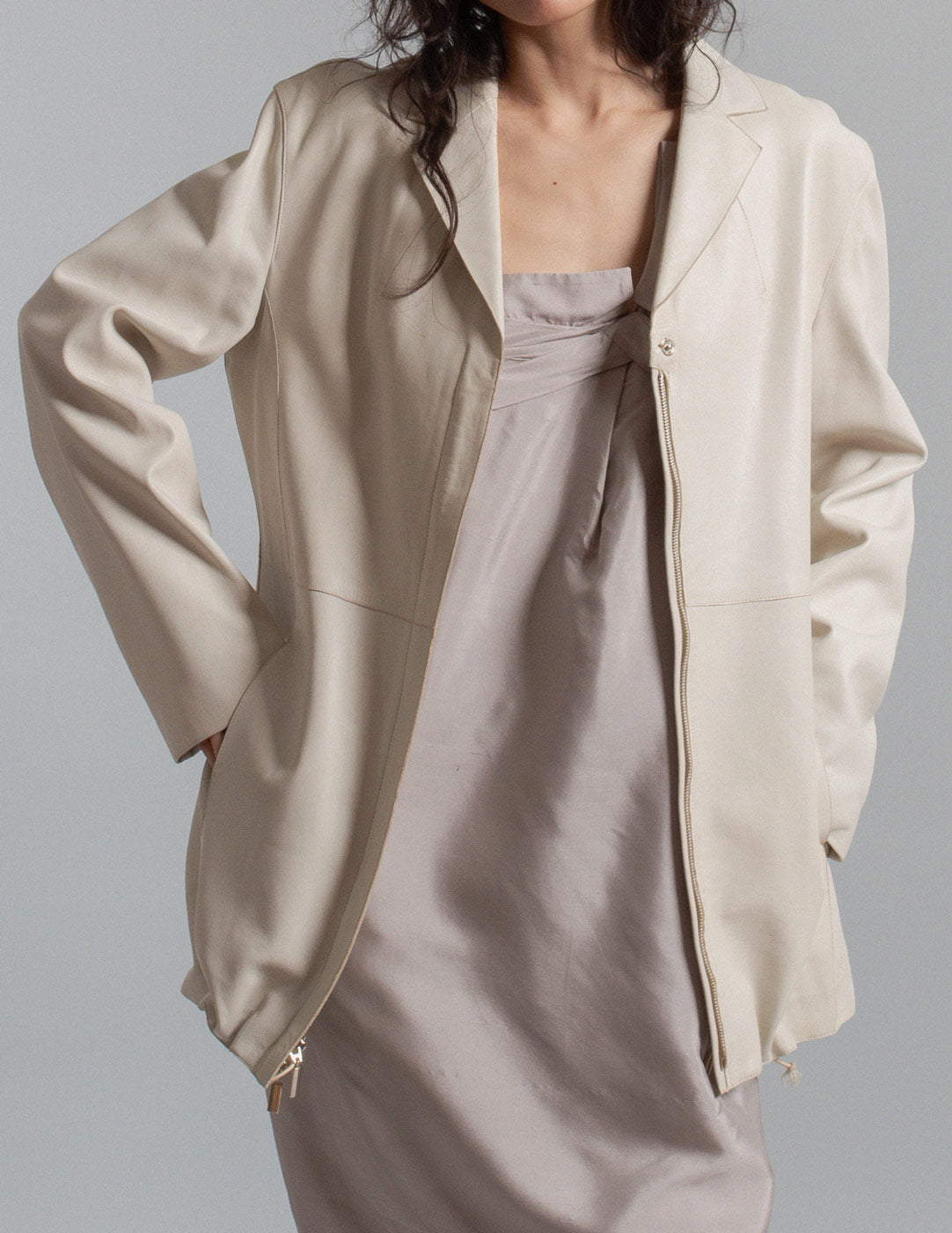 Donna Karan vintage ivory lambskin zip jacket open detail