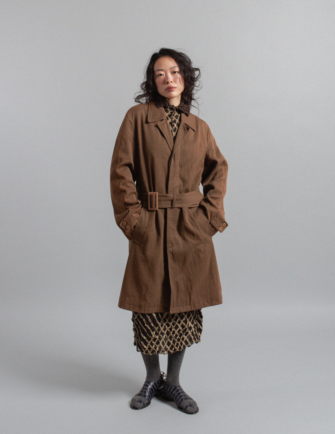 Dries Van Noten brown linen and wool belted trench