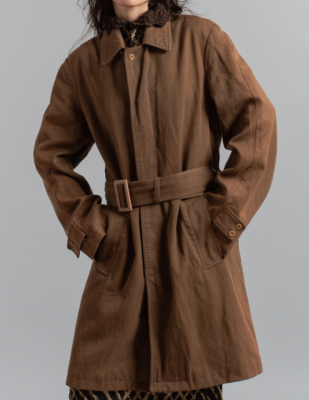 Dries Van Noten brown linen and wool belted trench
