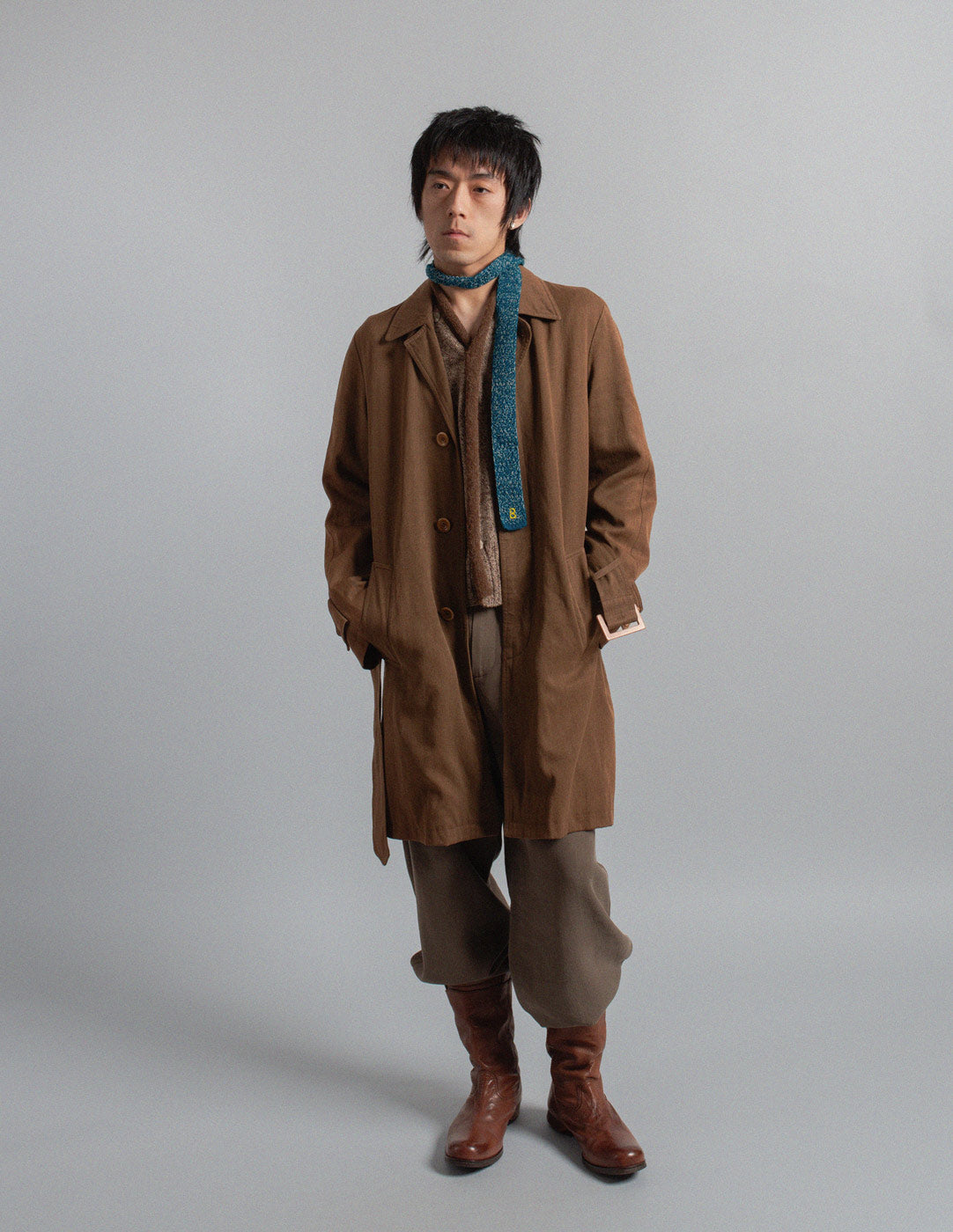 Dries Van Noten brown linen and wool belted trench