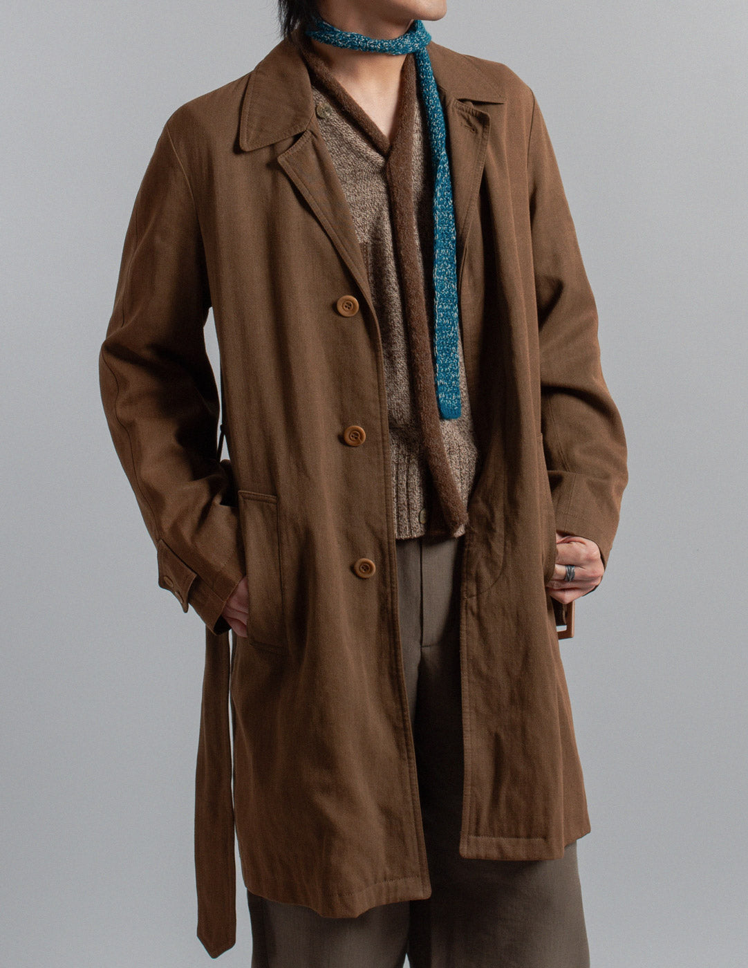 Dries Van Noten brown linen and wool belted trench