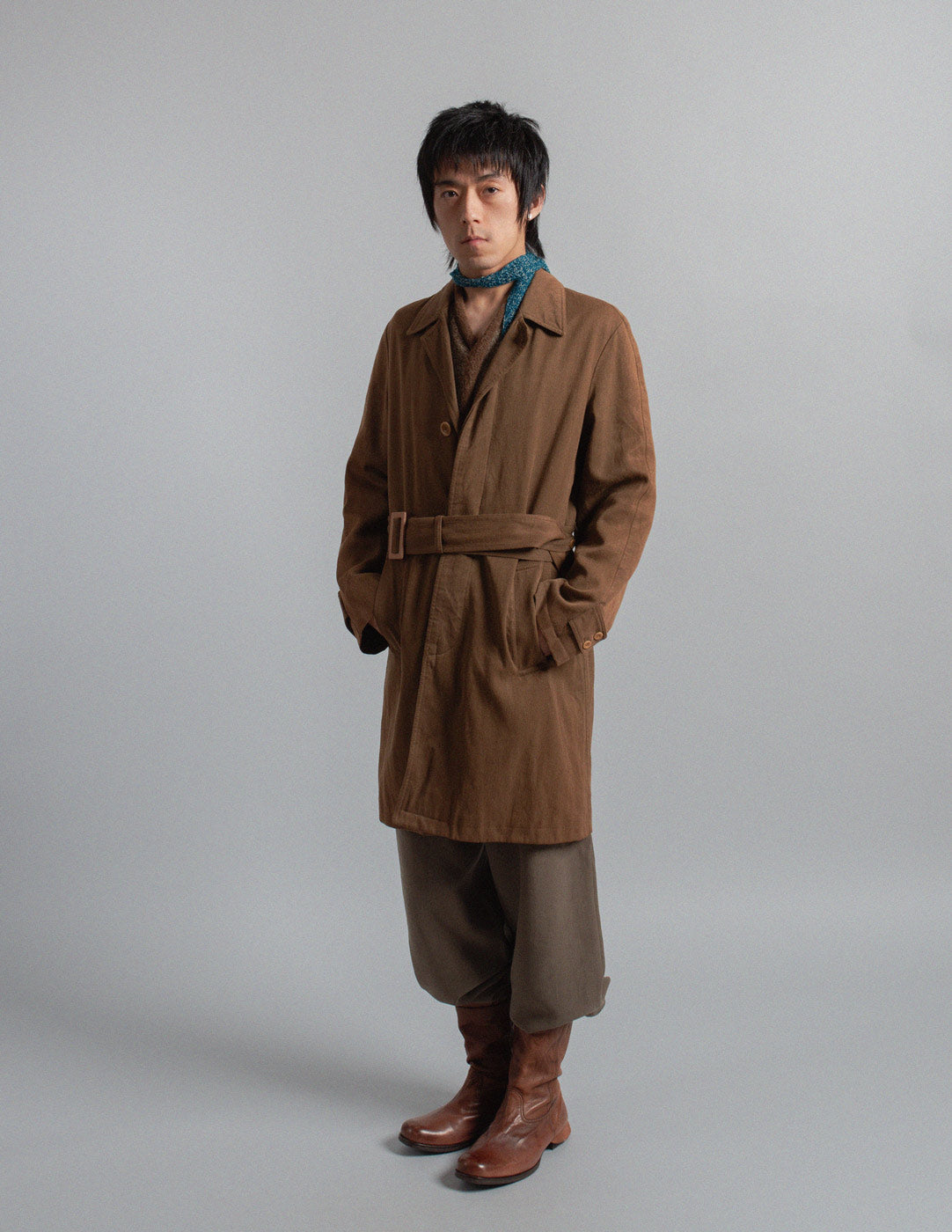 Dries Van Noten brown linen and wool belted trench
